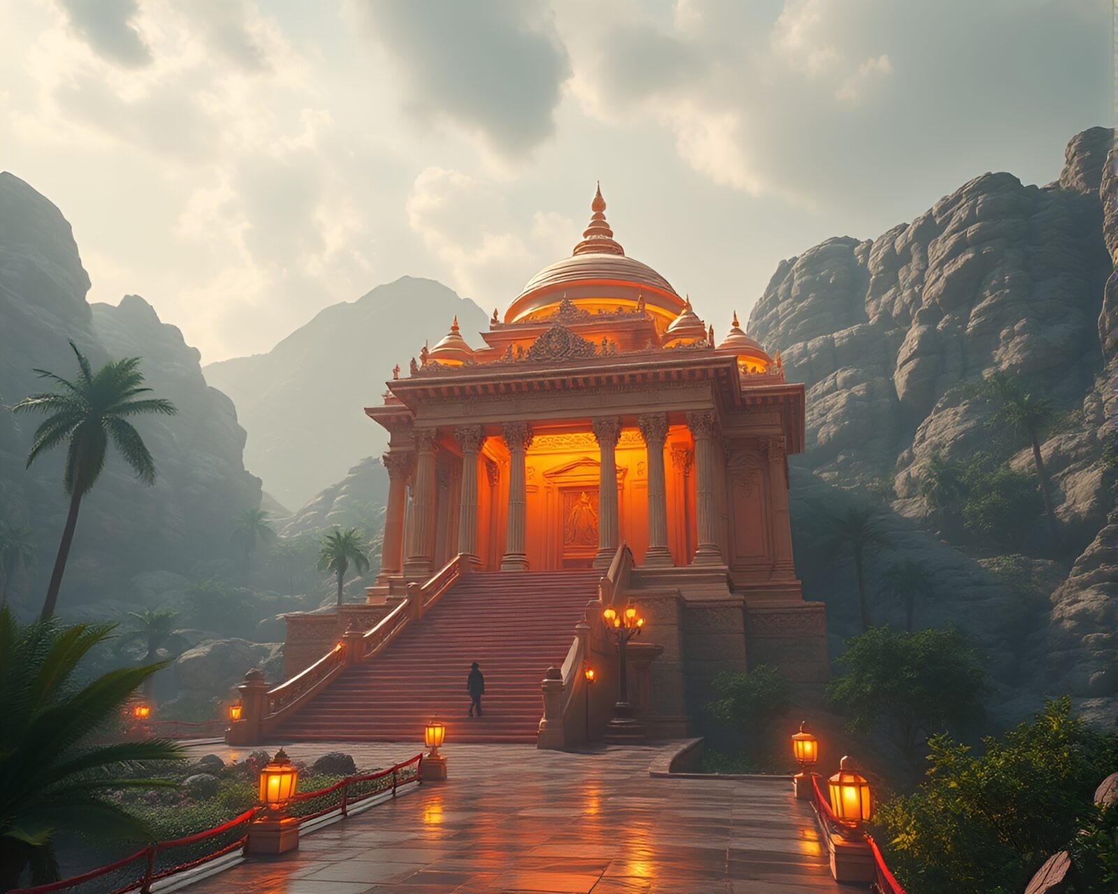 A wide shot of a mystical temple emanating glossy highlights