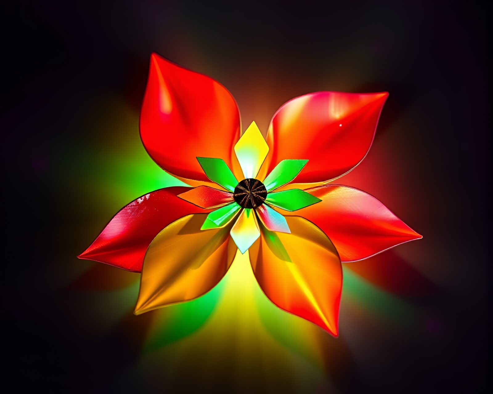 Oil slick rainbow reflecting on delicate cybernetic origami flower