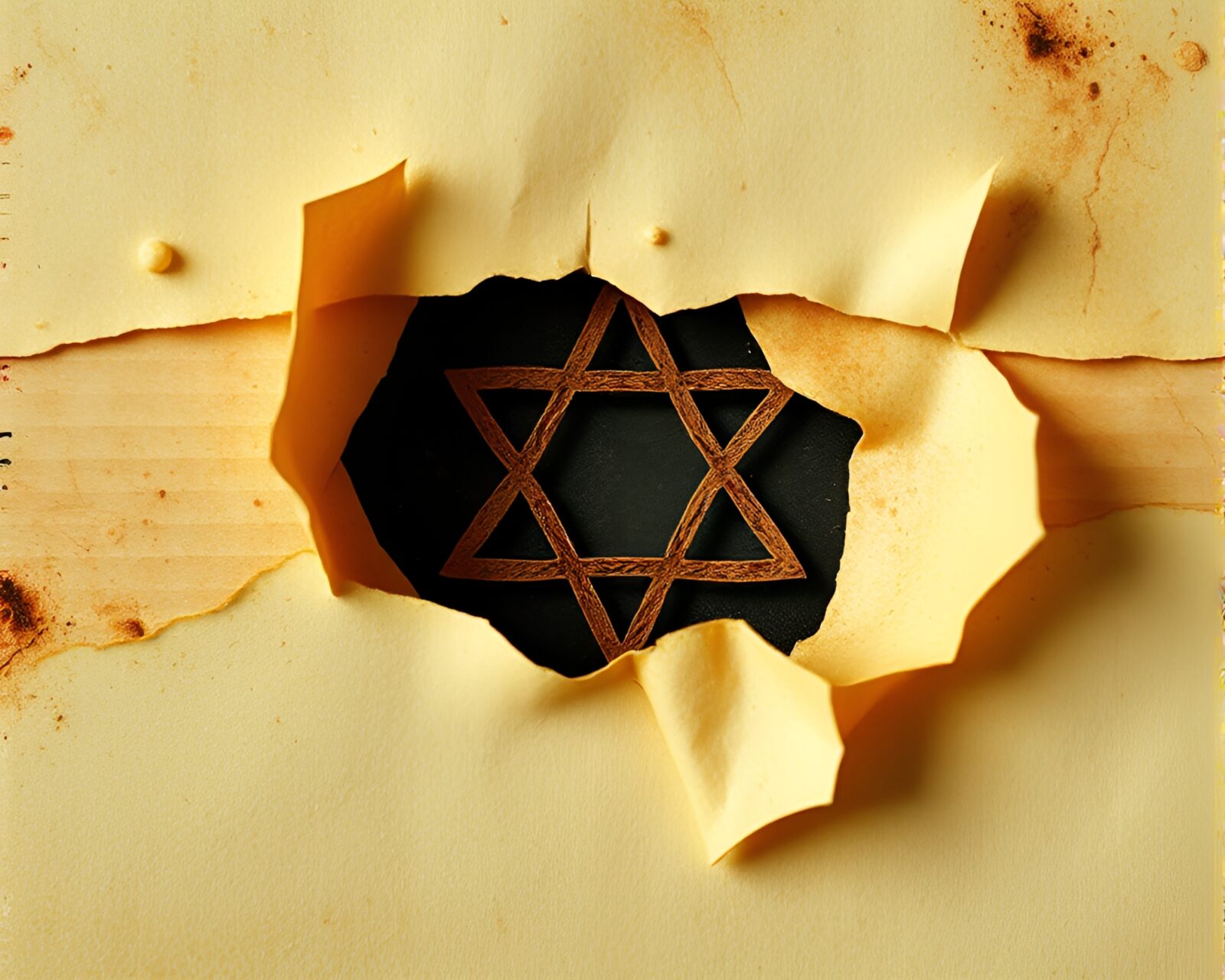 Abstract art with torn paper and mystical symbols.