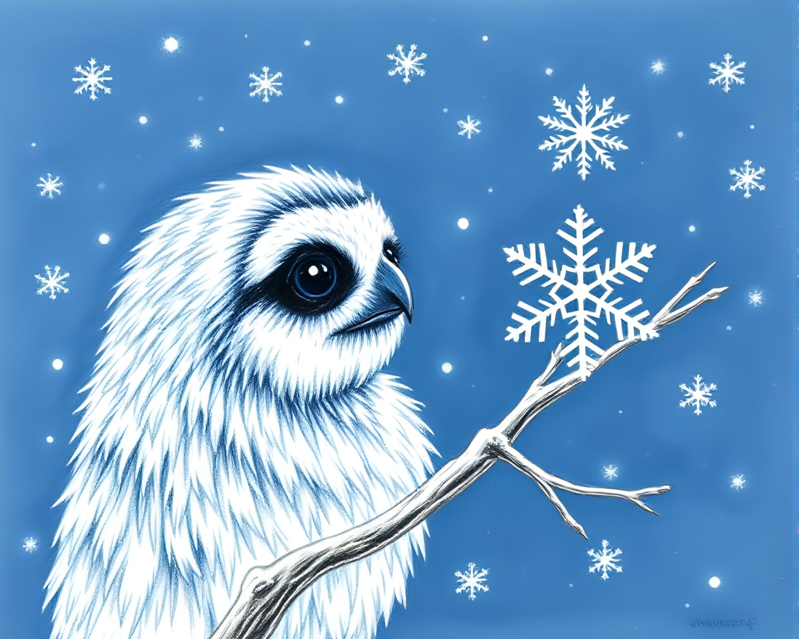 Conté crayon drawing of a sloth in a snowy storm