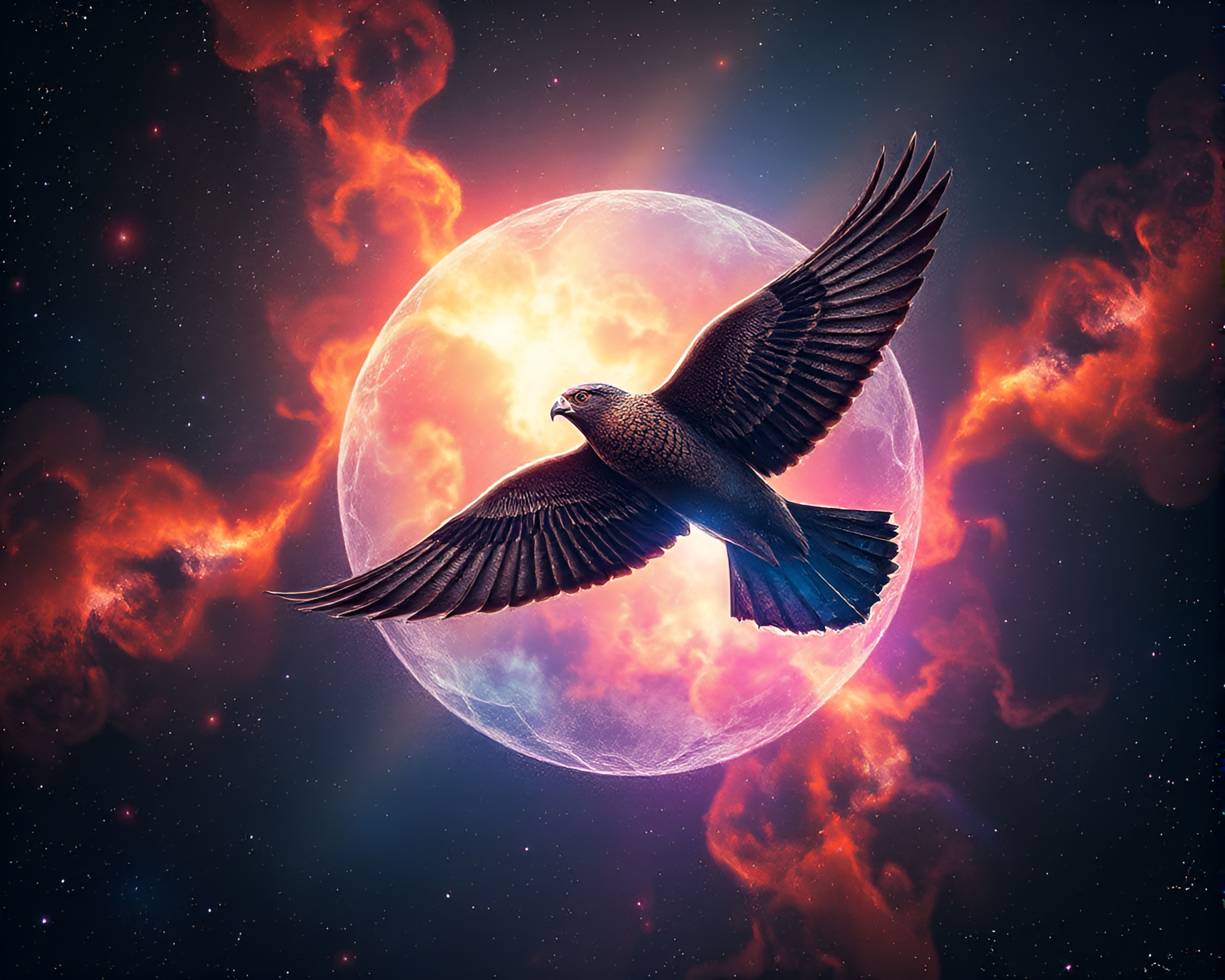 Cracked Earth Falcon Soaring Through Cosmic Nebula Illustration – free AI stock image