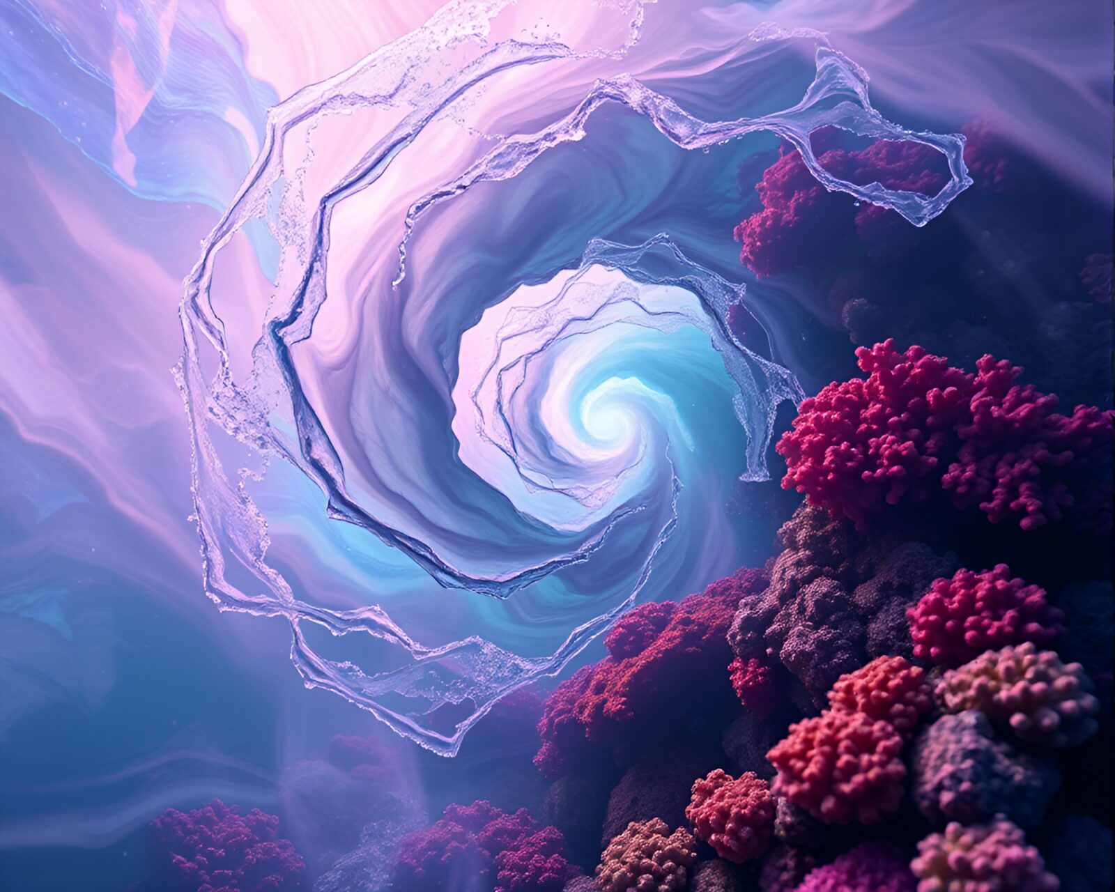 Colorful holographic reef swirling in hazy, atmospheric light