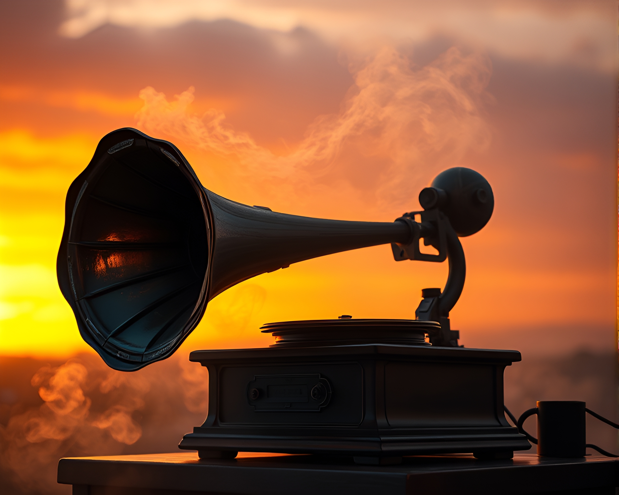 Steampunk Gramophone at Sunset – free AI stock image