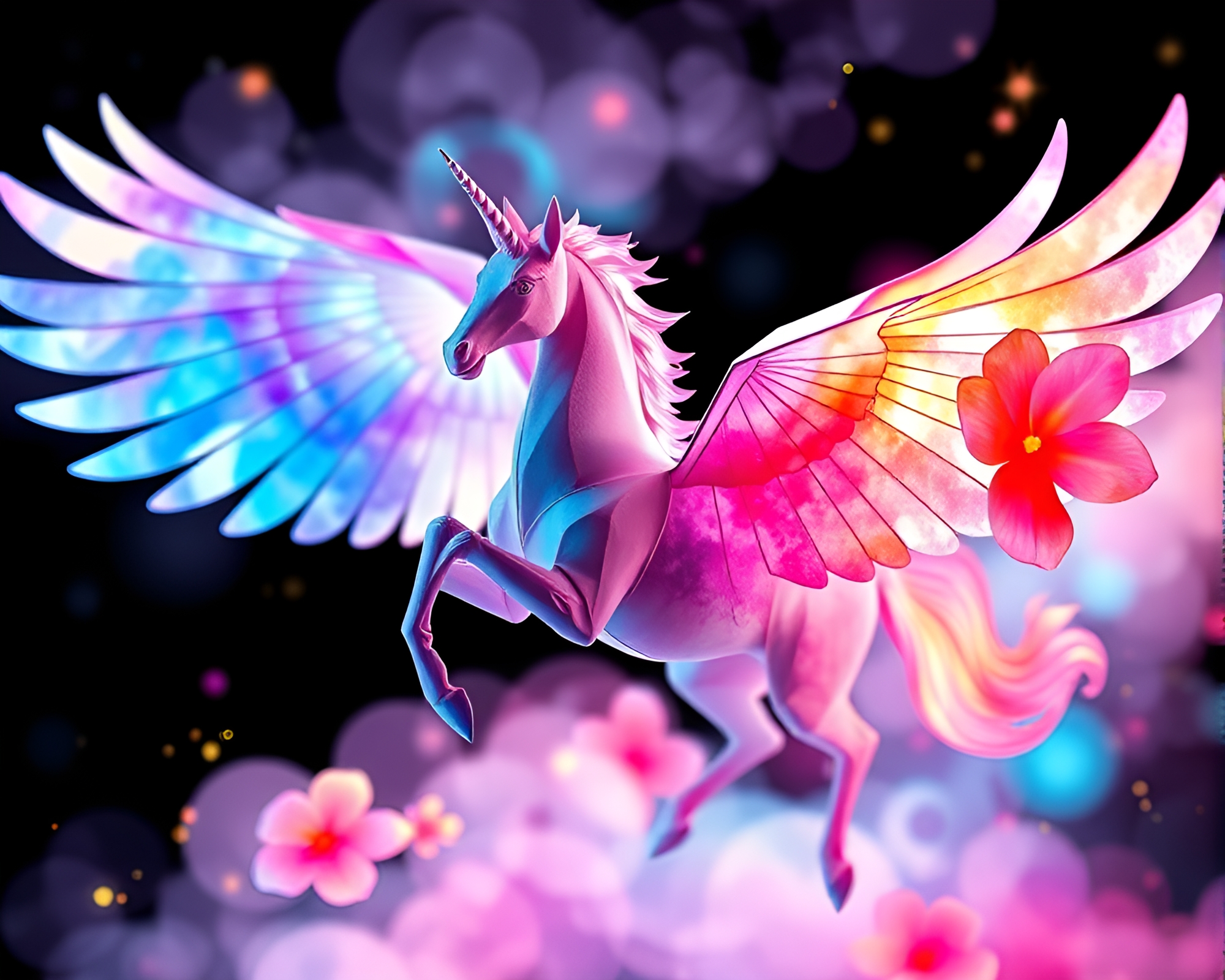 Ultraviolet Origami Pegasus in Watercolor Blooms – free AI stock image
