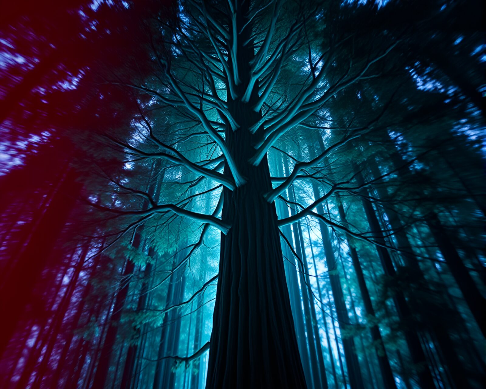 Abstract x-ray style image of illuminated redwood tree branches
