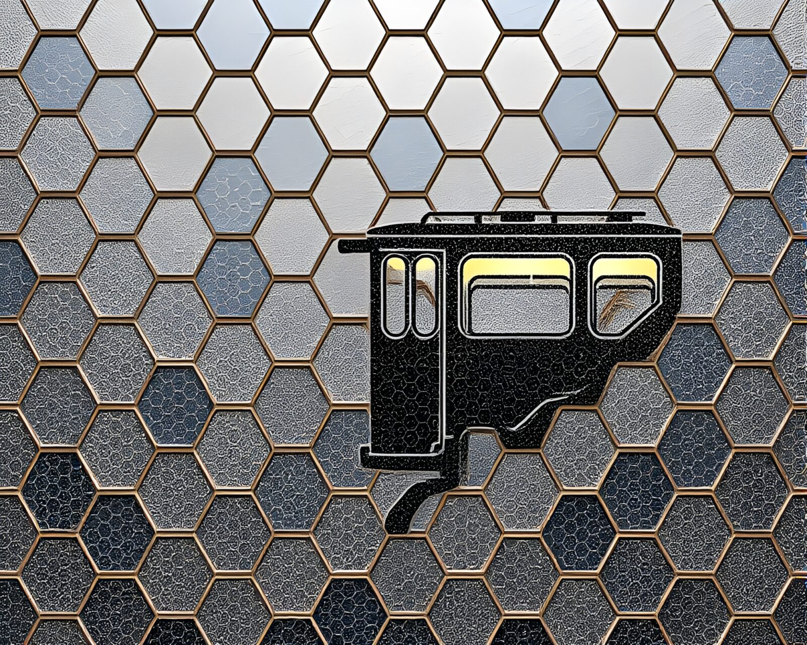 Tri-tone art of a train on hexagonal tiles under stardust.