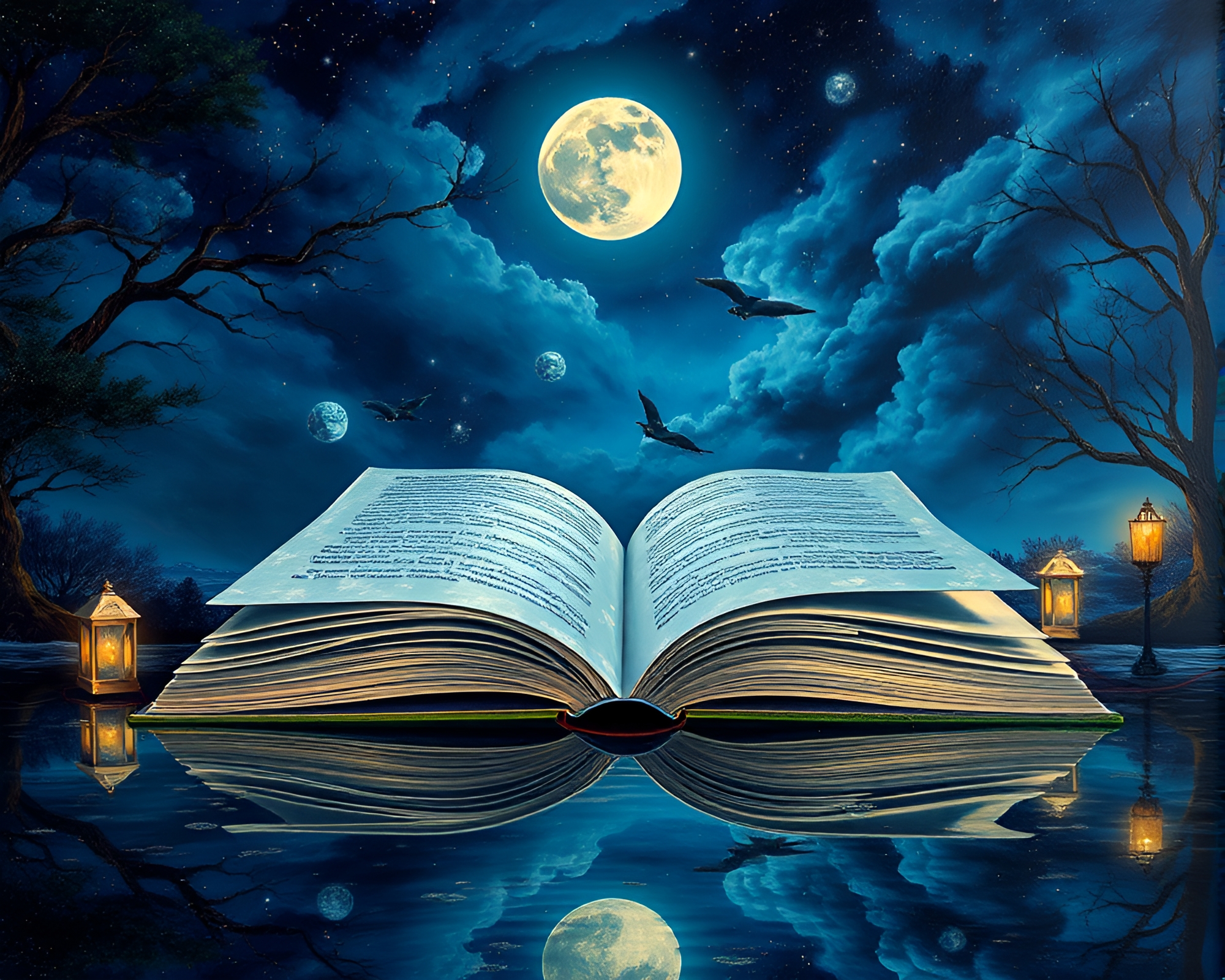 Moonlit Chrome Enchanted Book Mural Reflection – free AI stock image