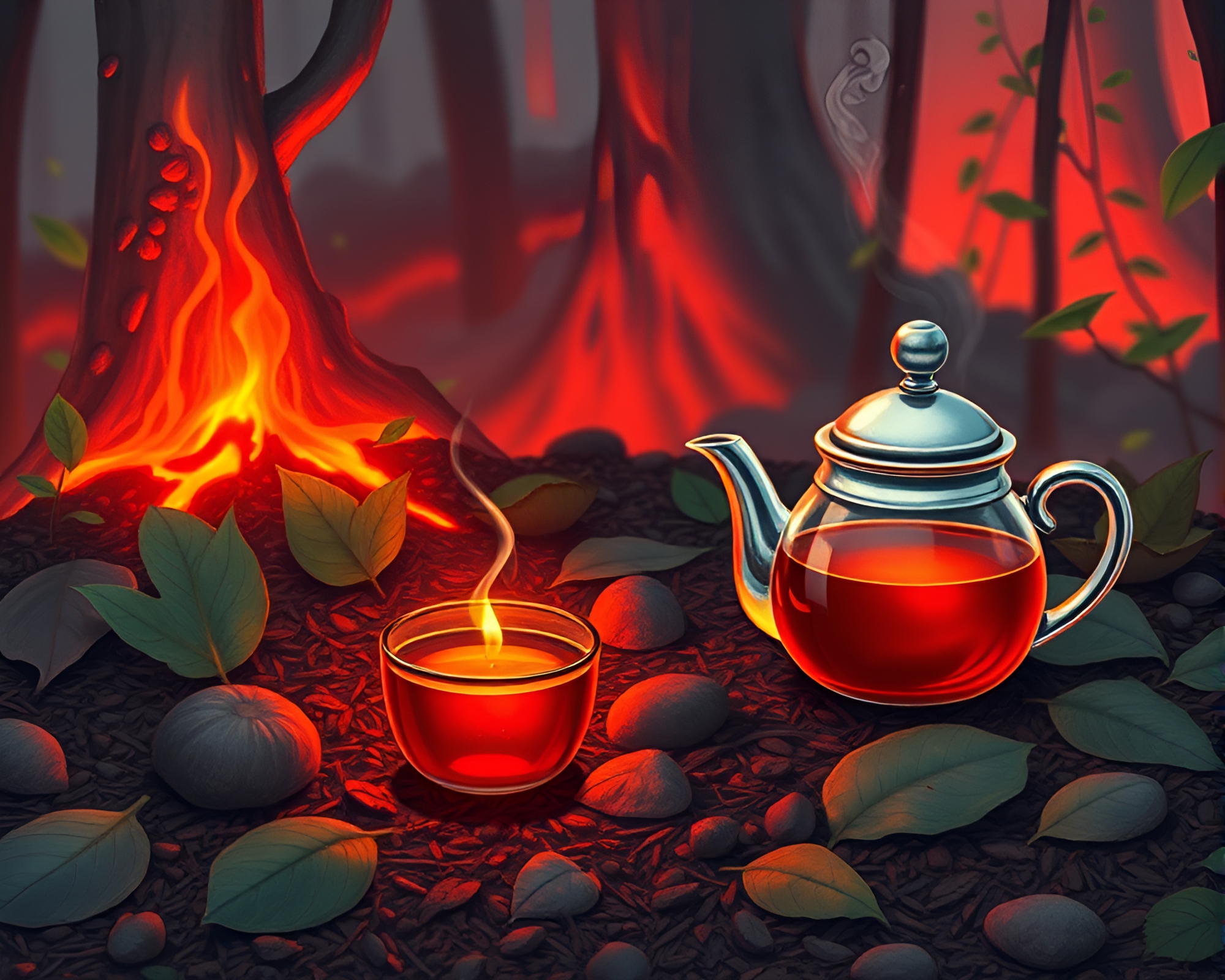 Volcano-Red Tea Set Among Leaf Litter – free AI stock image