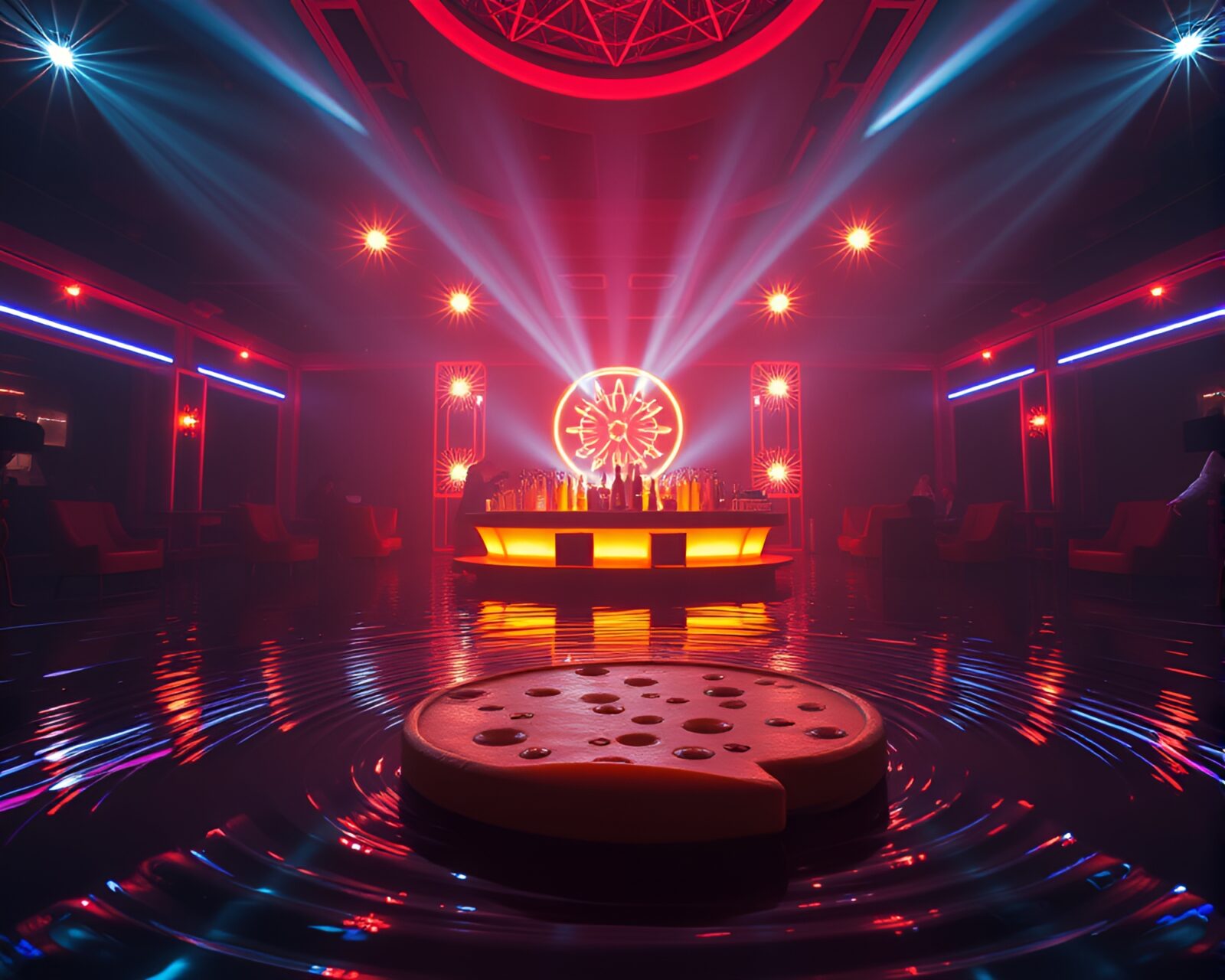 Vibrant cheese platter in club lights with water reflections