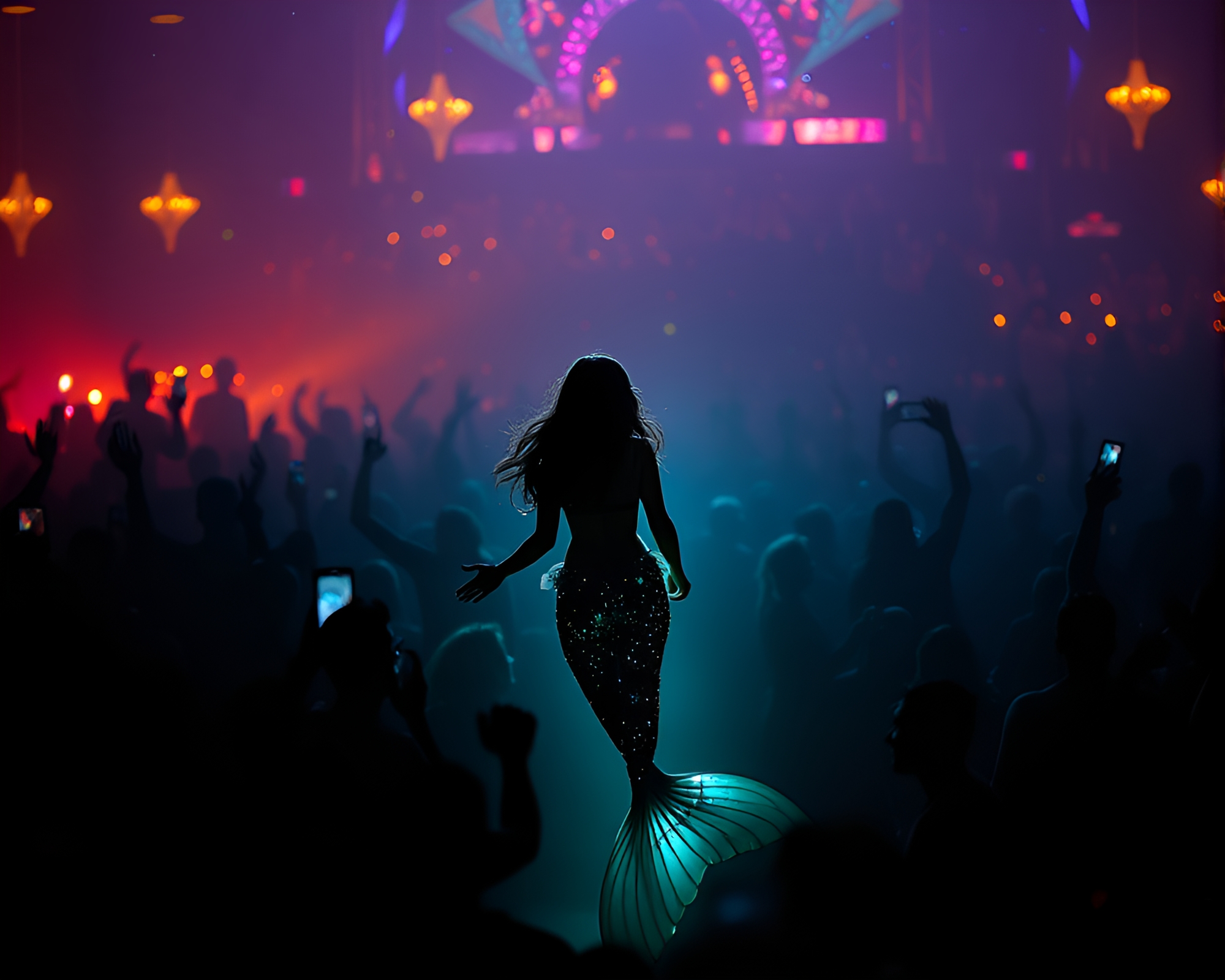 Enigmatic Mermaid Gathering in Torchlit Streets – free AI stock image