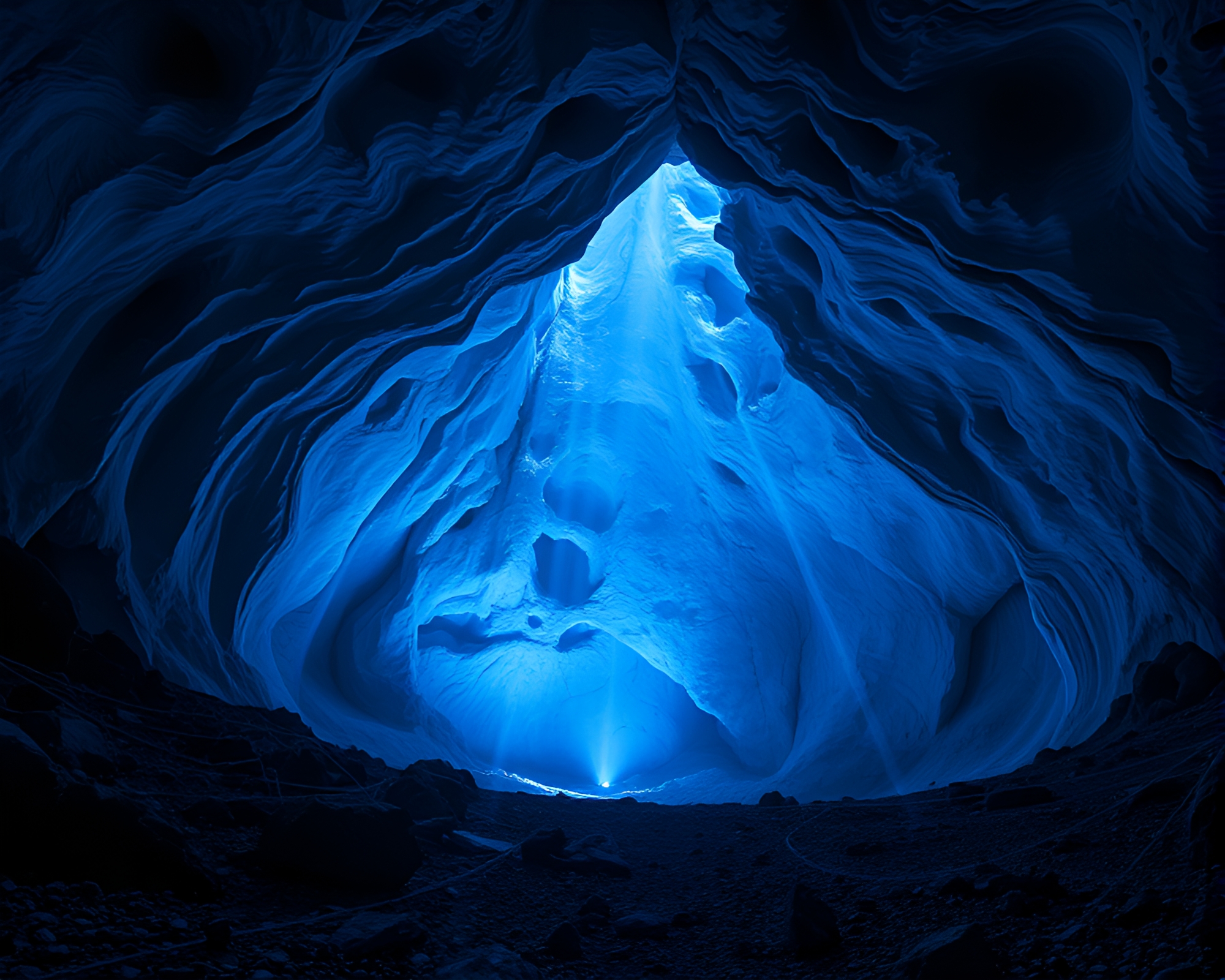 Glacial Cave Encased in Monochrome Blue Laser Beams – free AI stock image