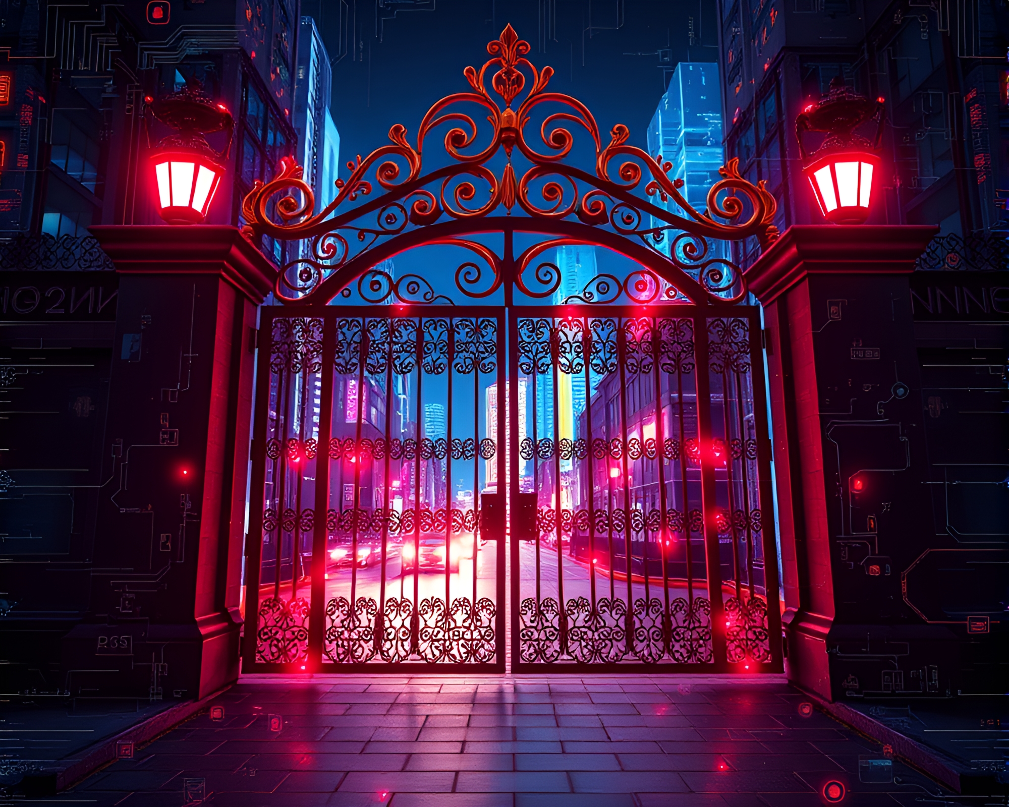 Futuristic Neon City Gate HUD Overlay Pattern – free AI stock image