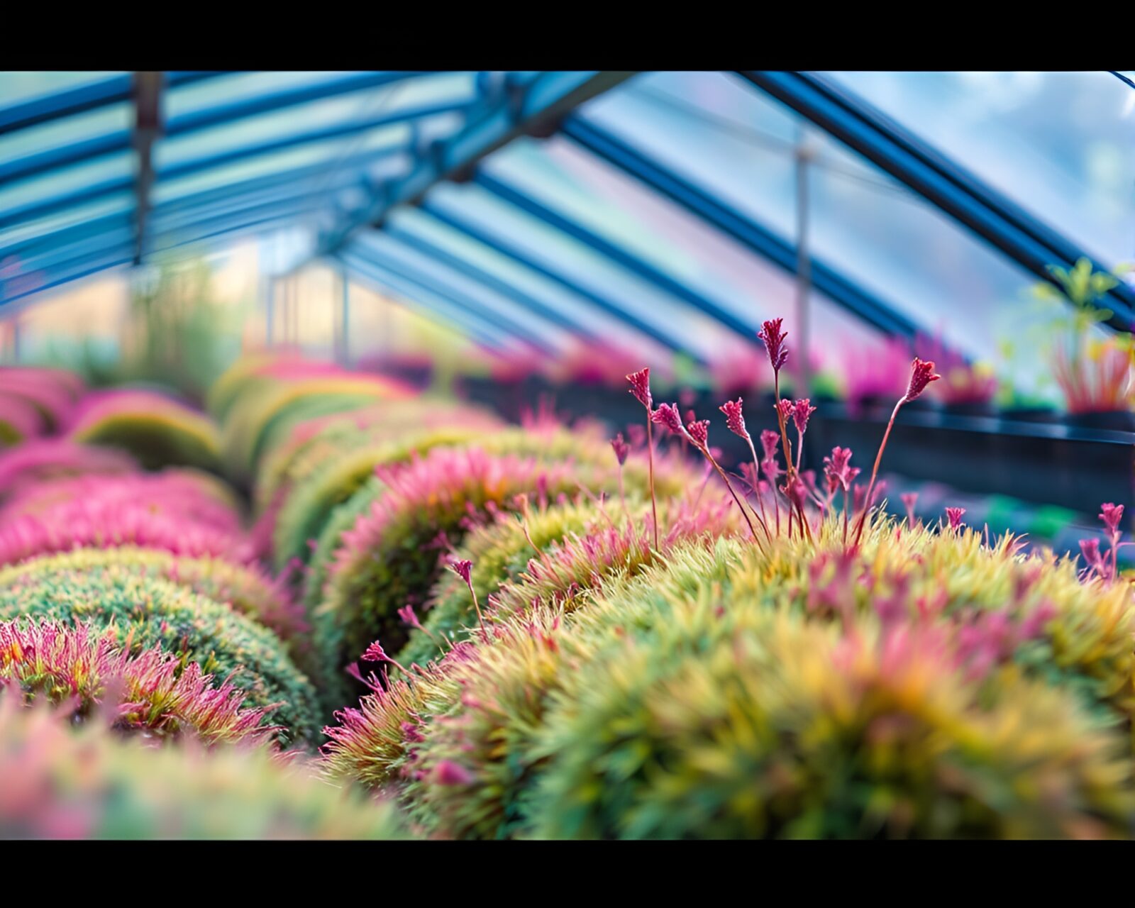 Vibrant infrared moss growth in glass greenhouse