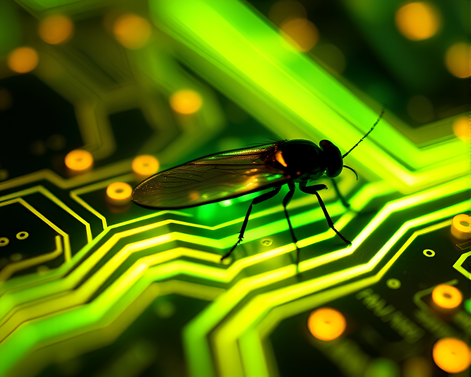 Neon Circuit Board with Fiery Film Burns – free AI stock image