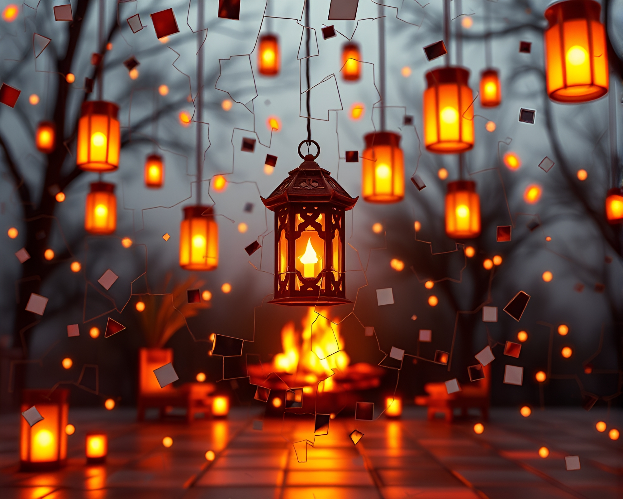 Broken Mosaic Lanterns Illuminated by Fireplace in Wireframe Render – free AI stock image