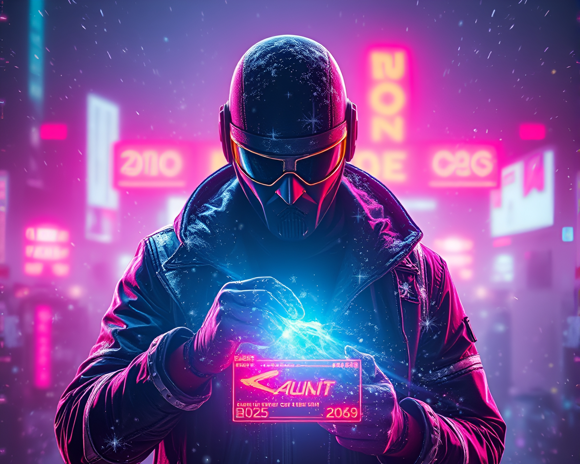Futuristic Cyberpunk Vigilante with Ice Crystal HUD – free AI stock image