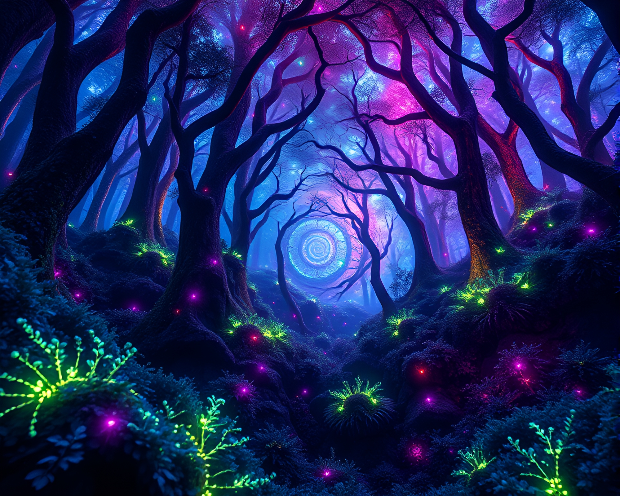 Bioluminescent Fibonacci Forest: Synthwave Spectacle – free AI stock image