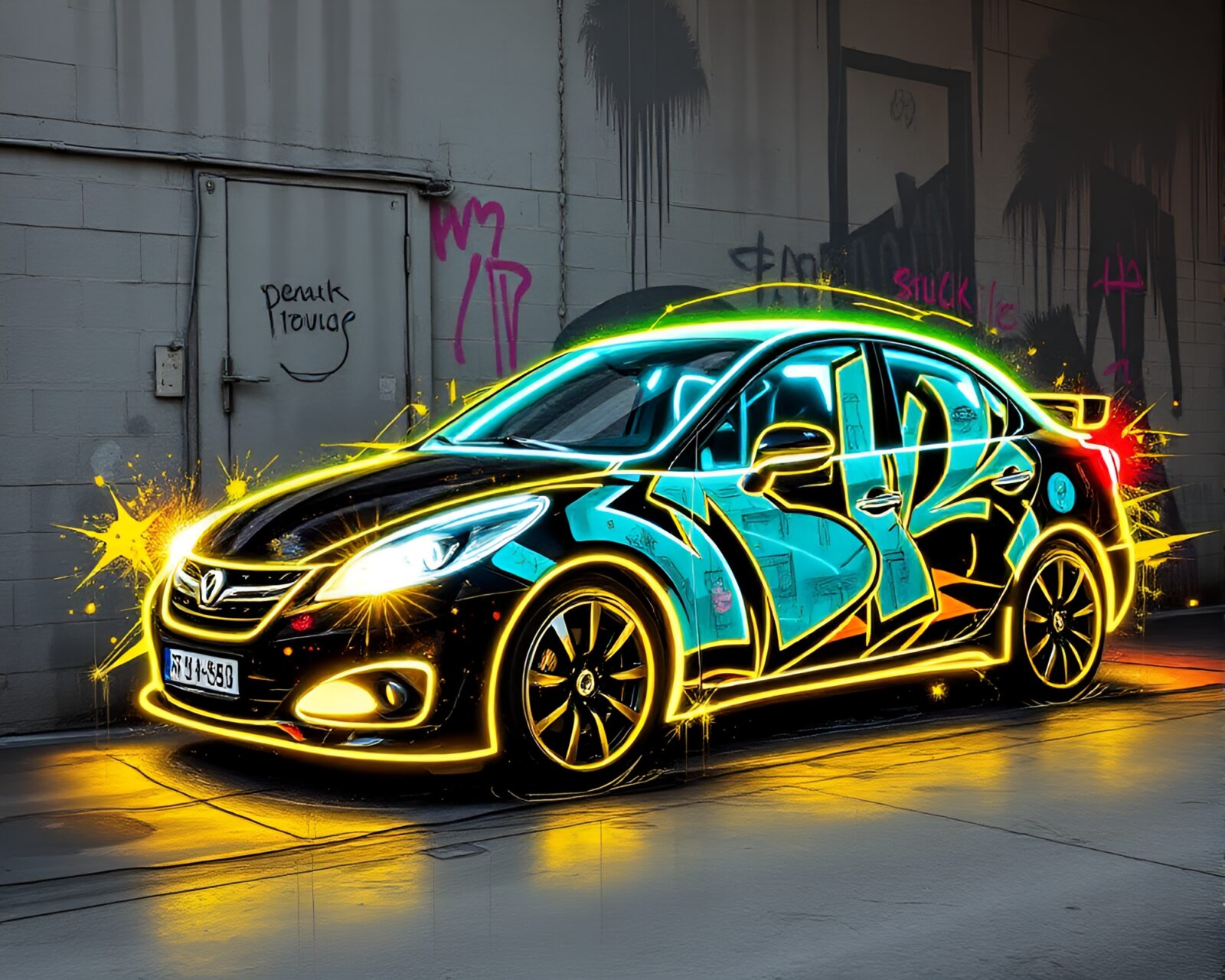 Glowing, futuristic hover car depicted in charcoal mural art