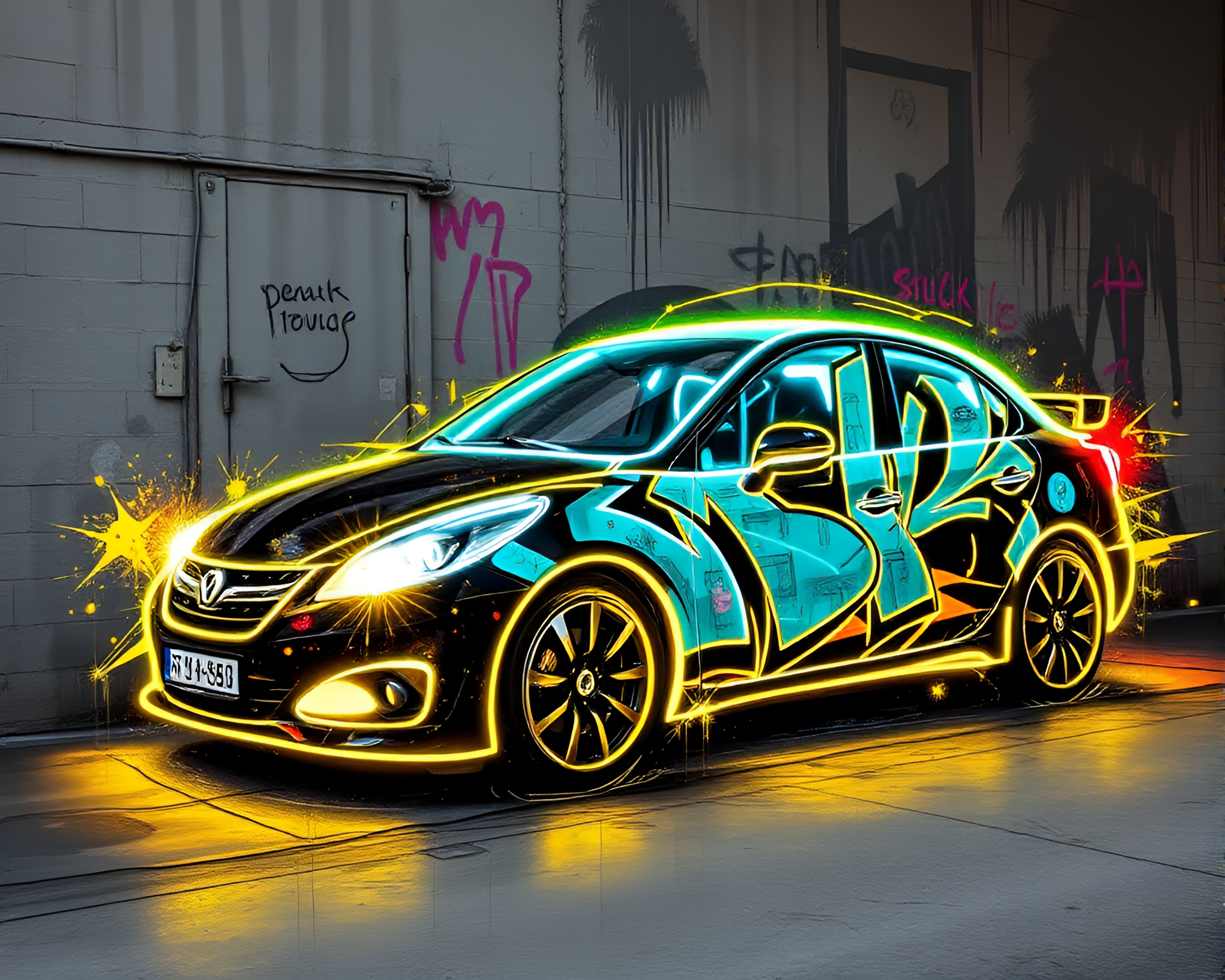 Neon Hover Car Mural: Charcoal Sketch Luminescence – free AI stock image
