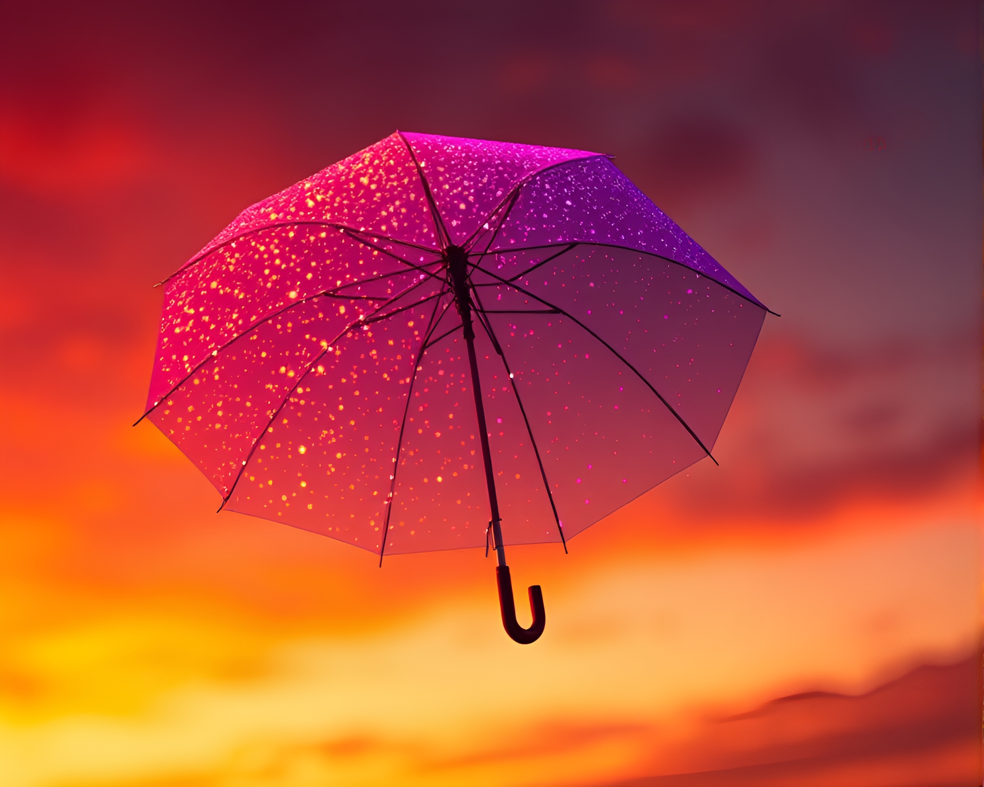 Neon-lit hologram umbrella in sunset glow – free AI stock image