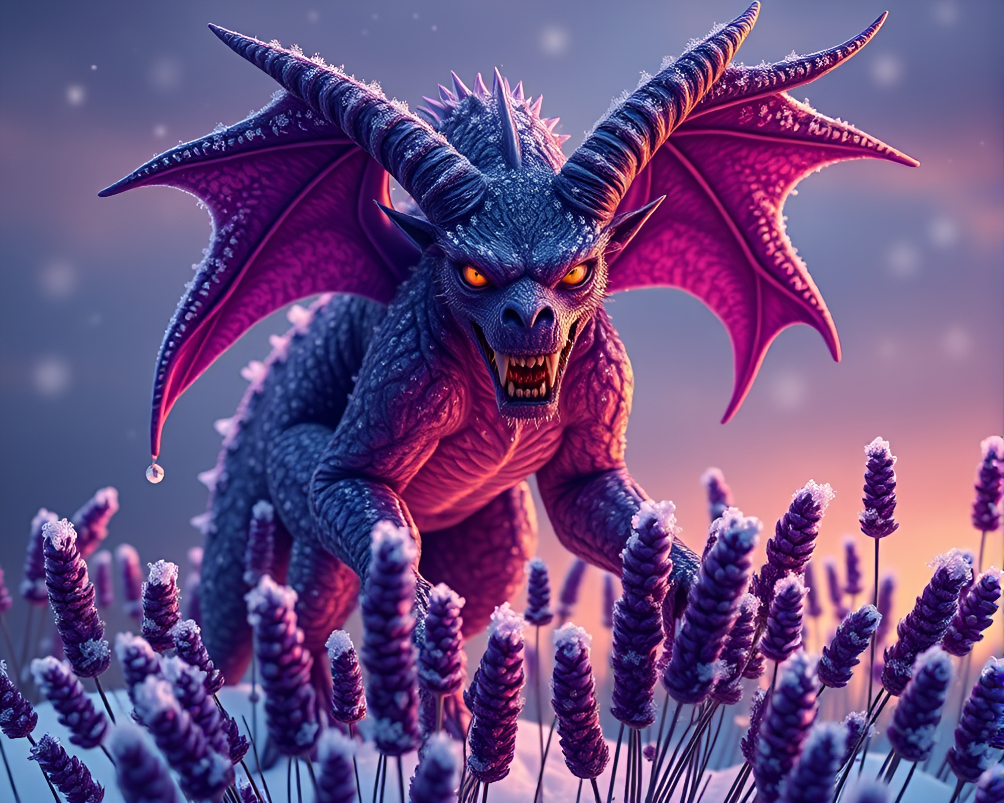 Enchanting Lavender Twilight with Cerberus in Maximalist Snowflakes – free AI stock image