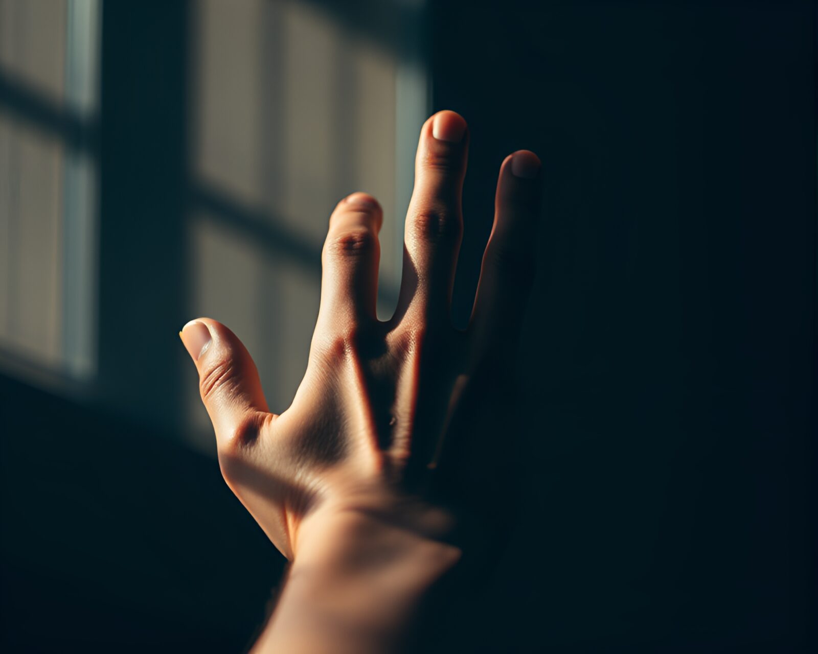 Grainy textured image showing a cybernetic hand in shadows