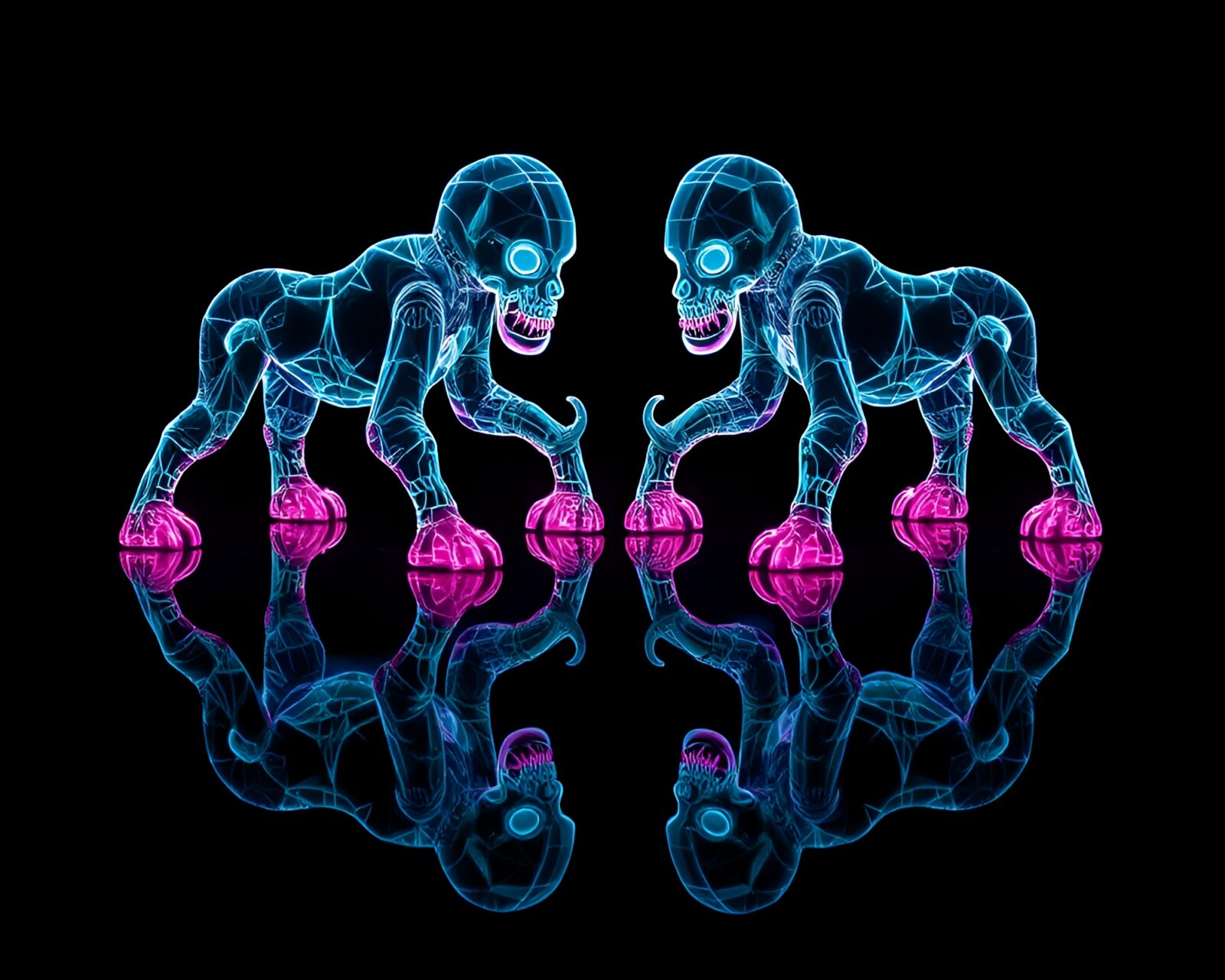 Dark, mysterious scene featuring a reflective golem in neon glow