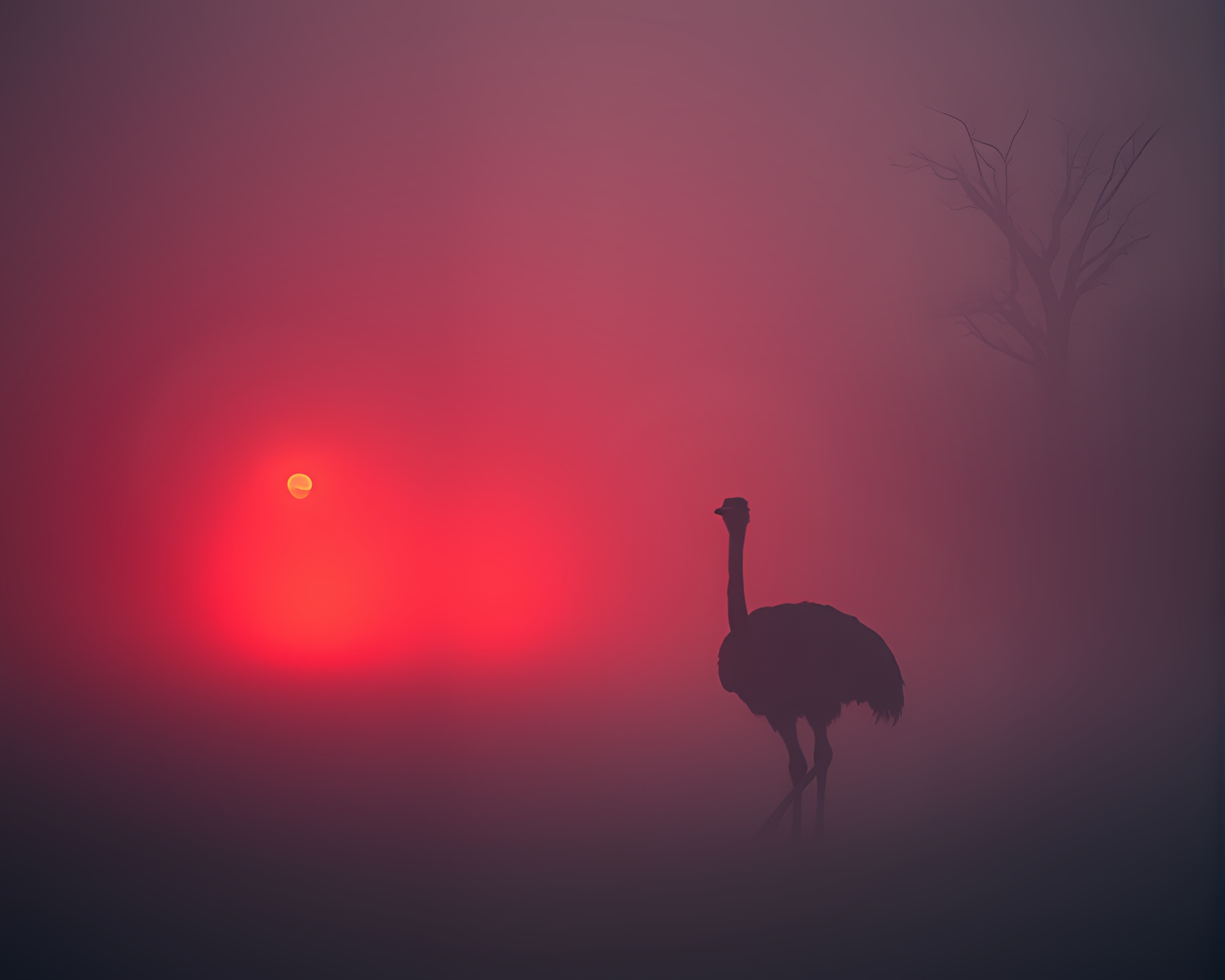 Synthwave Ostrich in Enigmatic Fog Drifts – free AI stock image