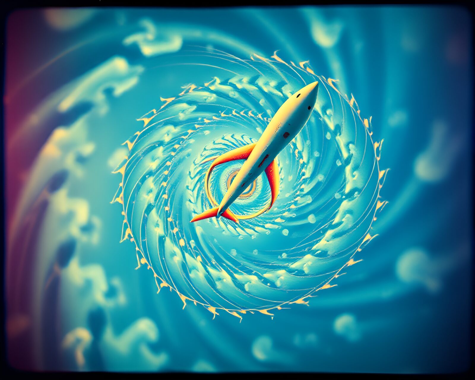 Abstract Fibonacci spiral with airplane in vintage film style