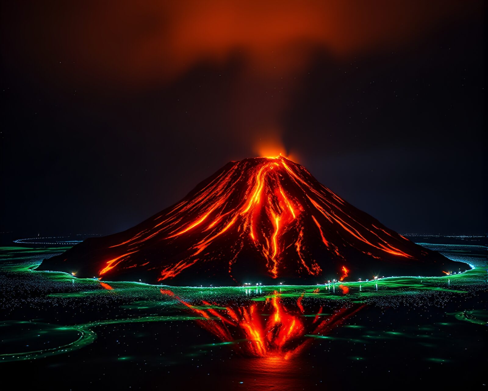 Vibrant volcanic island scene with glowing fireflies and acrylic spatters