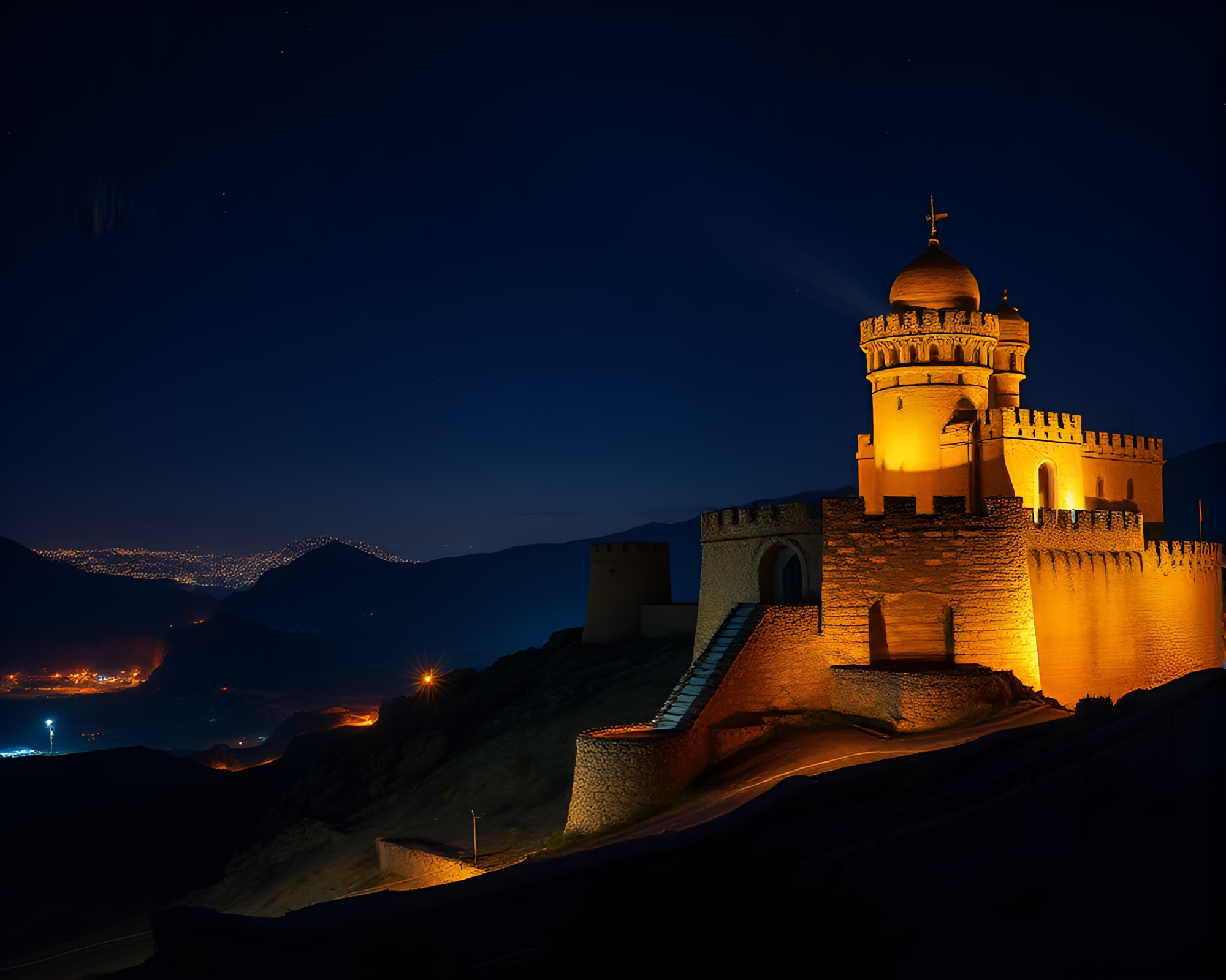 Deserted Castle Illuminated by City Lights Spotlight at Night – free AI stock image