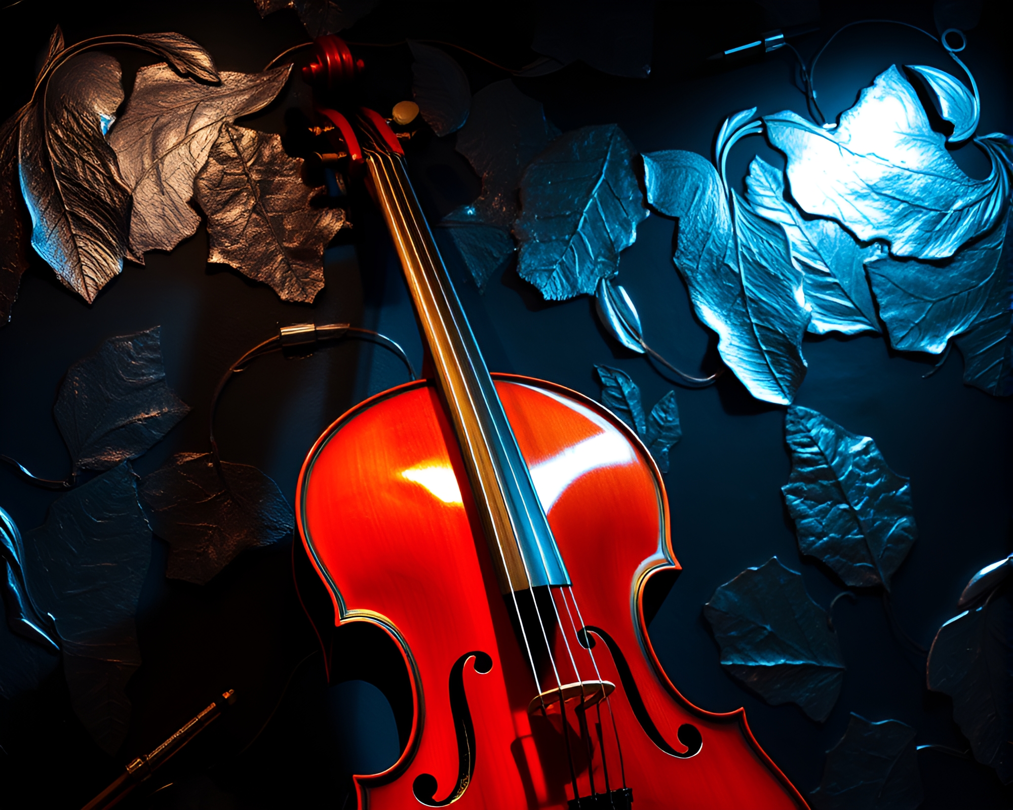 Neon Cello with Silver Leaf Accents Composition – free AI stock image