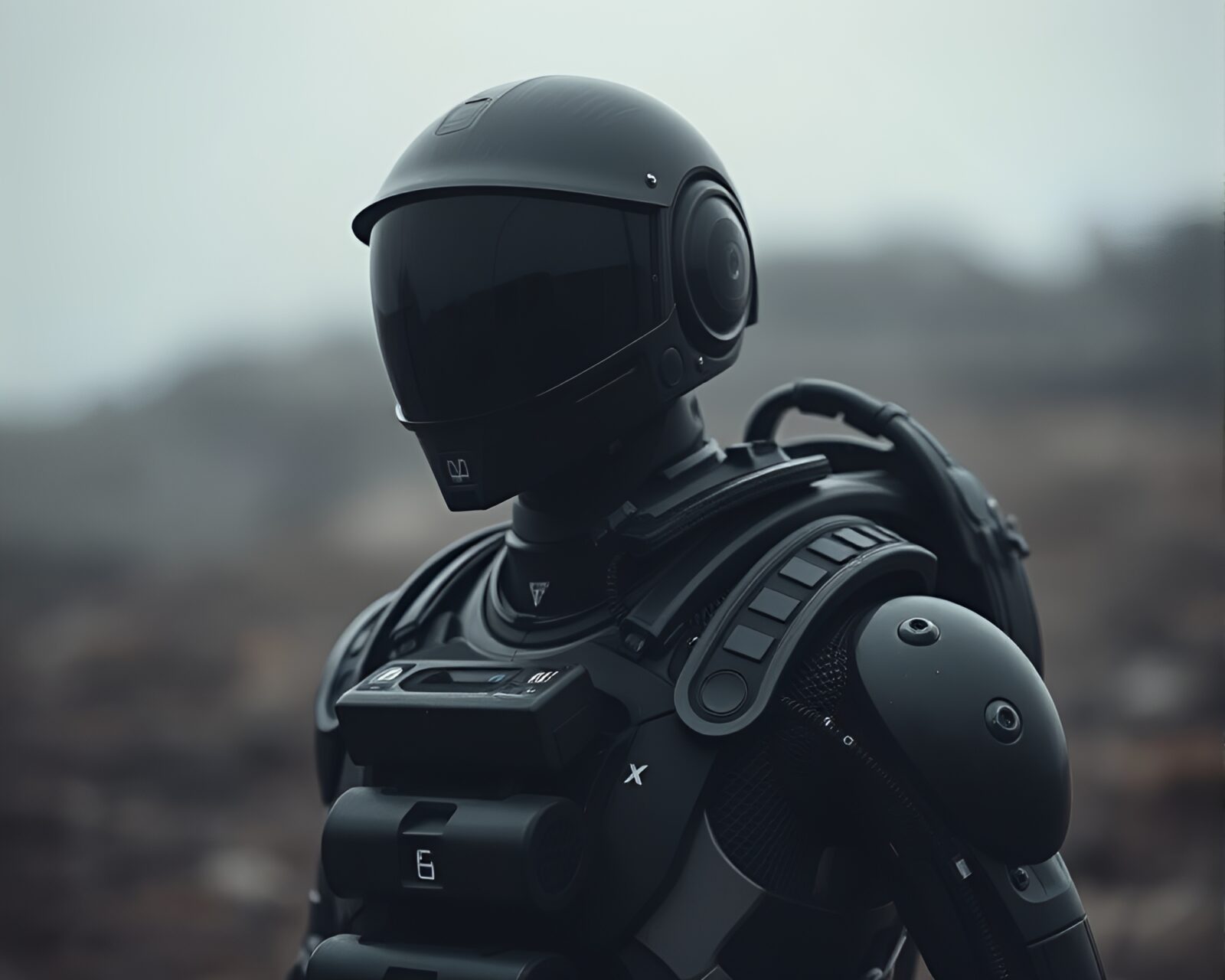 Soft focus image of a candid scene featuring an exoskeleton suit in high contrast noir lighting