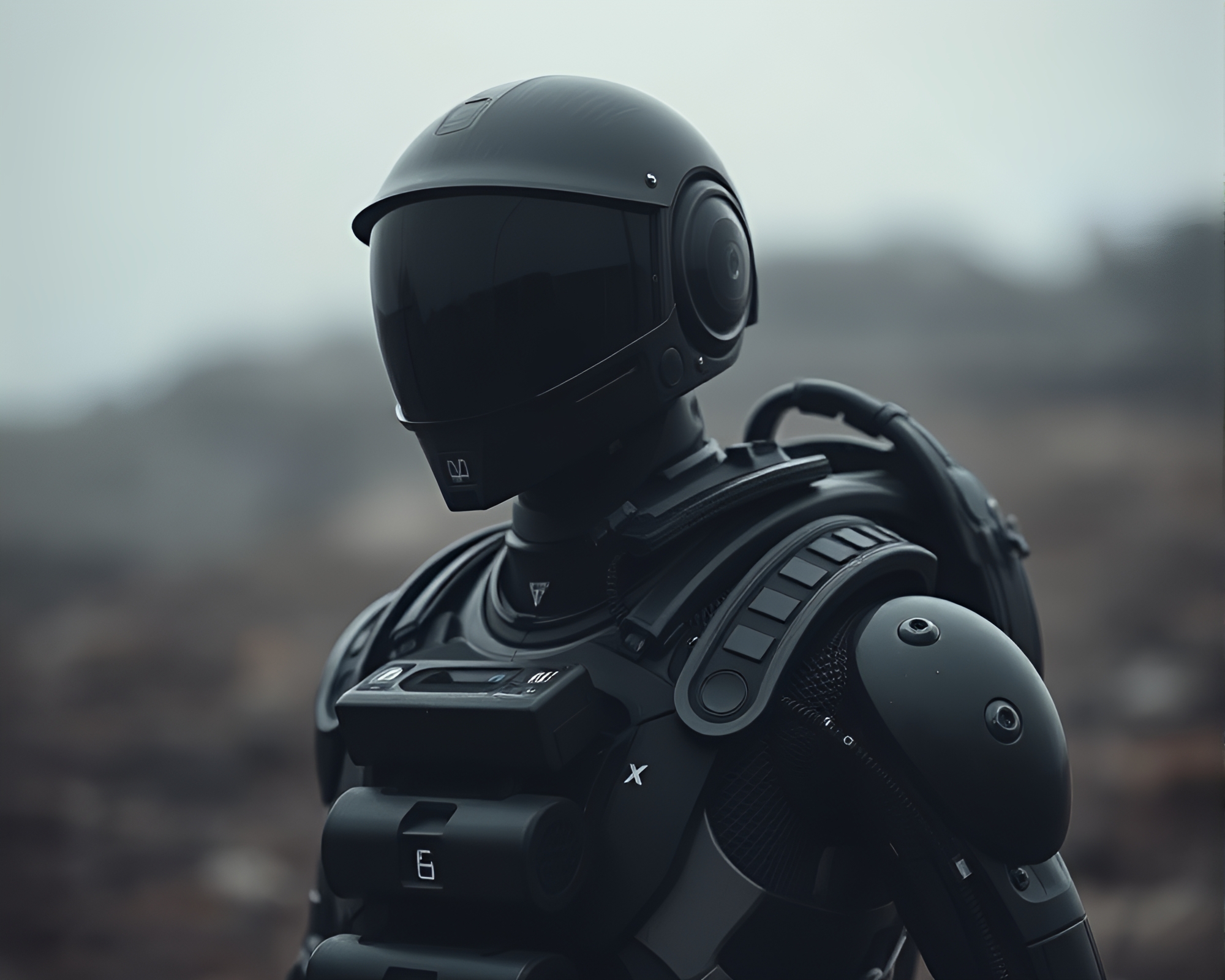 Sci-Fi Noir Moment: Exoskeleton Encounter – free AI stock image