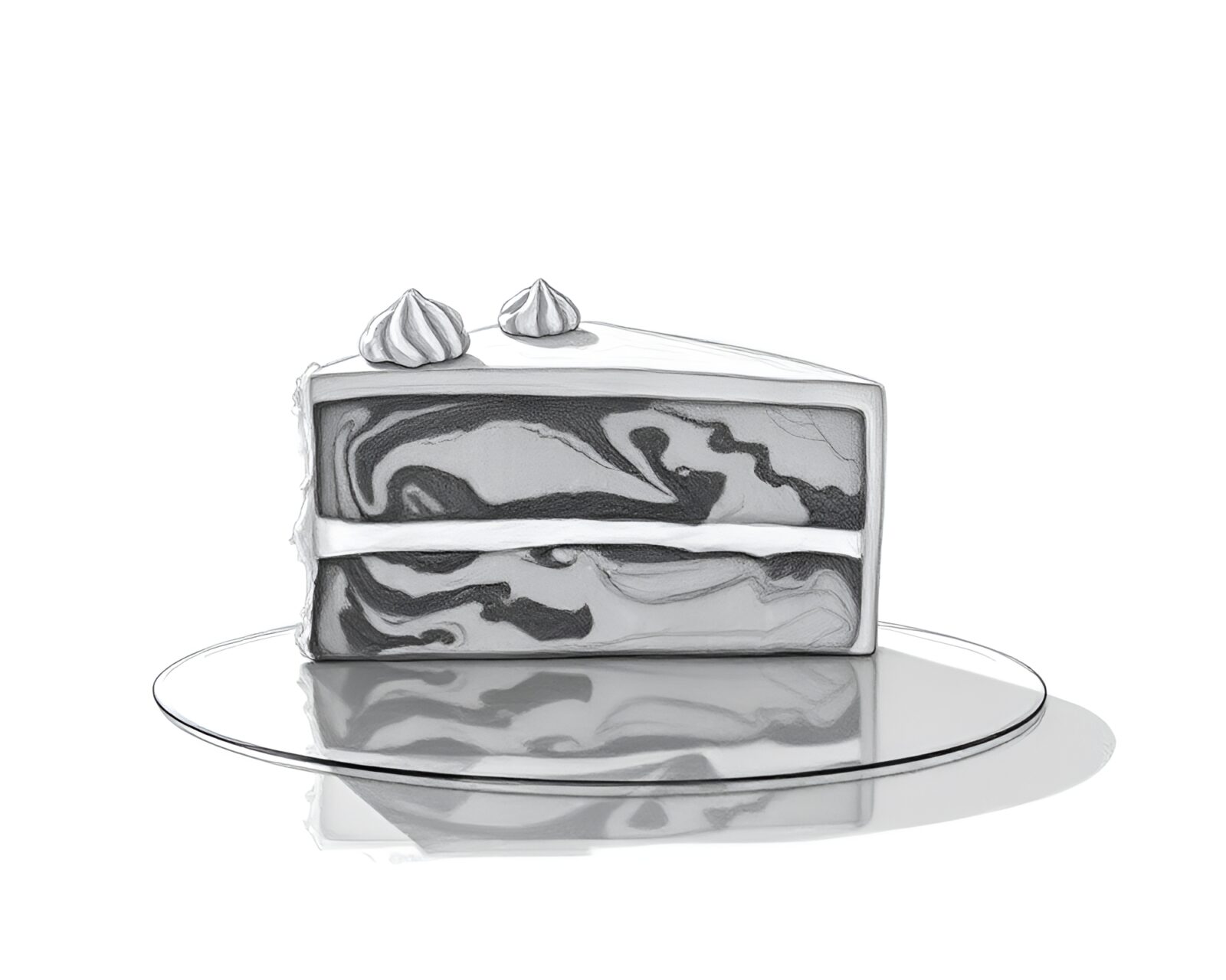 Pencil sketch of backlit silhouette figures reflected in marbled cake