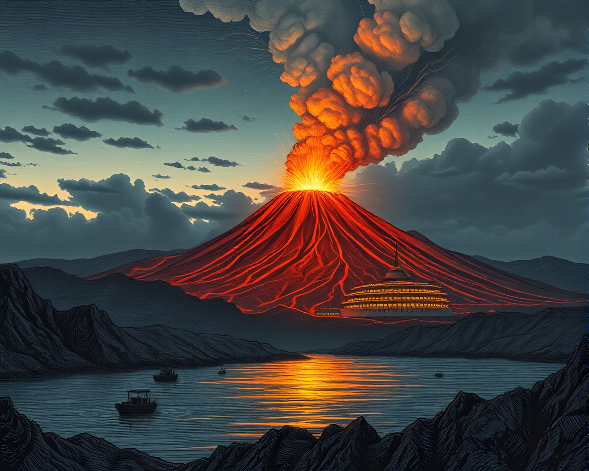 Engraved volcanic eruption with opera-house glow – free AI stock image