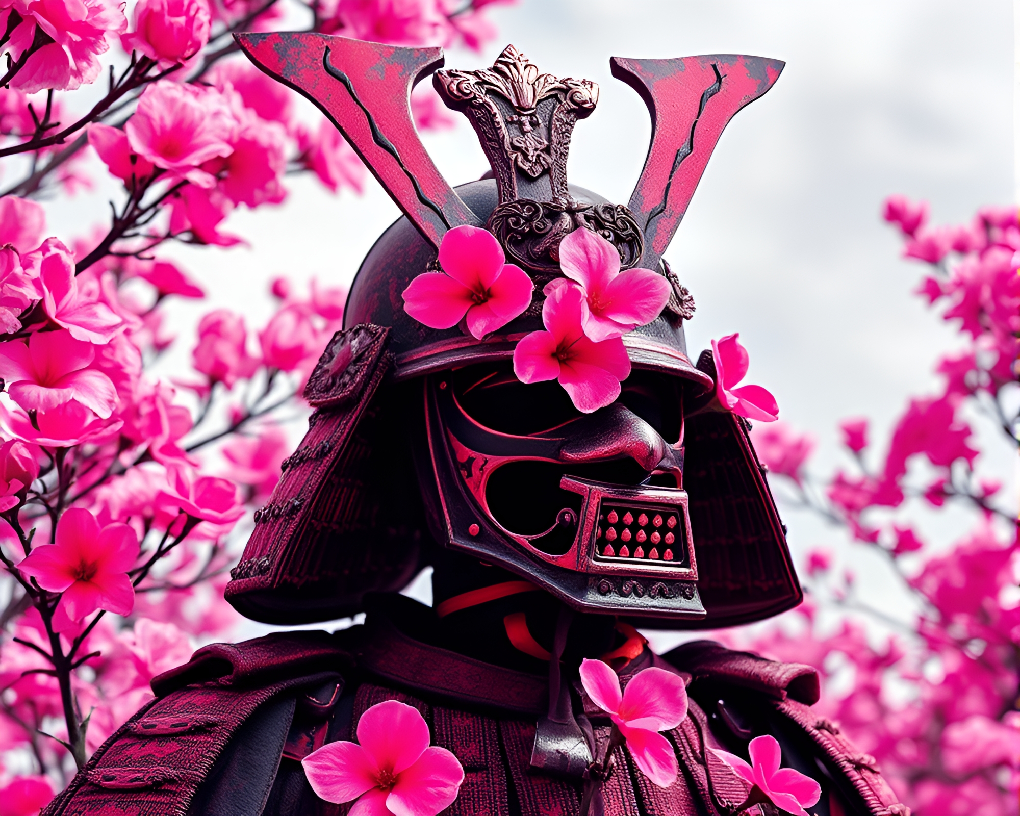Samurai Helmet in Vivid Watercolor Blooms – free AI stock image