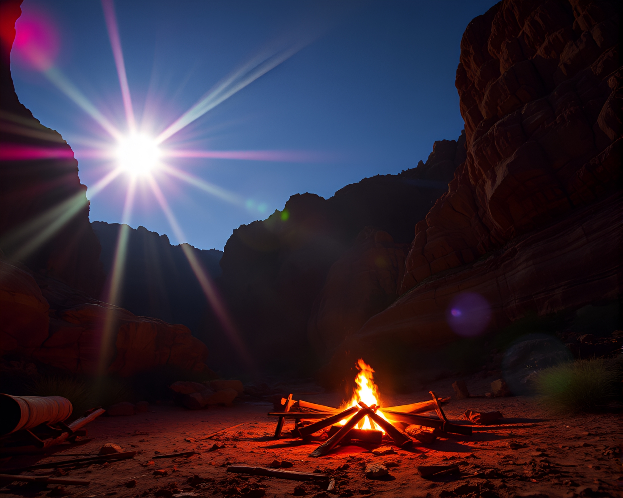 Eroded Canyon Bonfire: Candlelit Lens Flare Scene – free AI stock image
