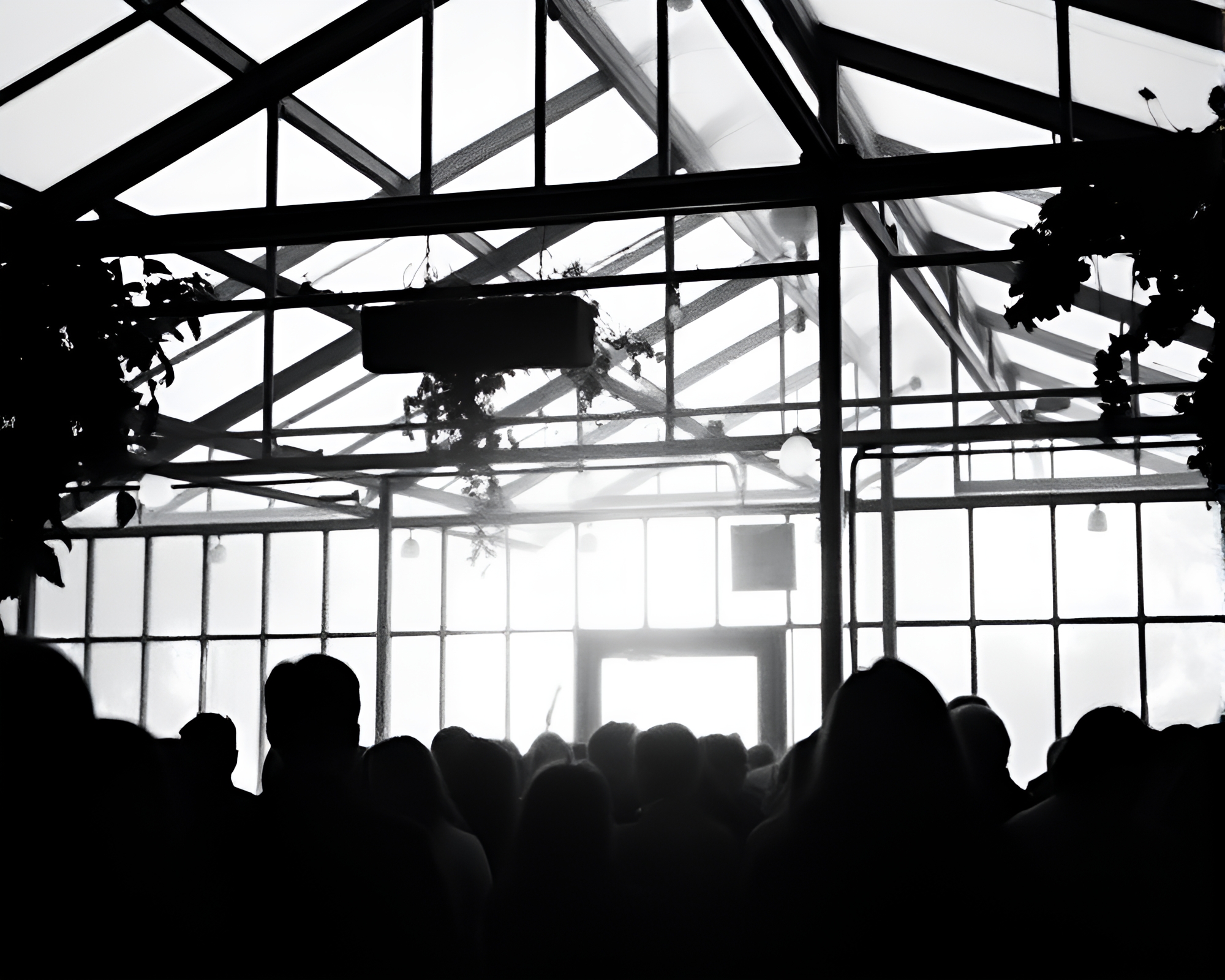 Serene Gathering in Glass Greenhouse – free AI stock image