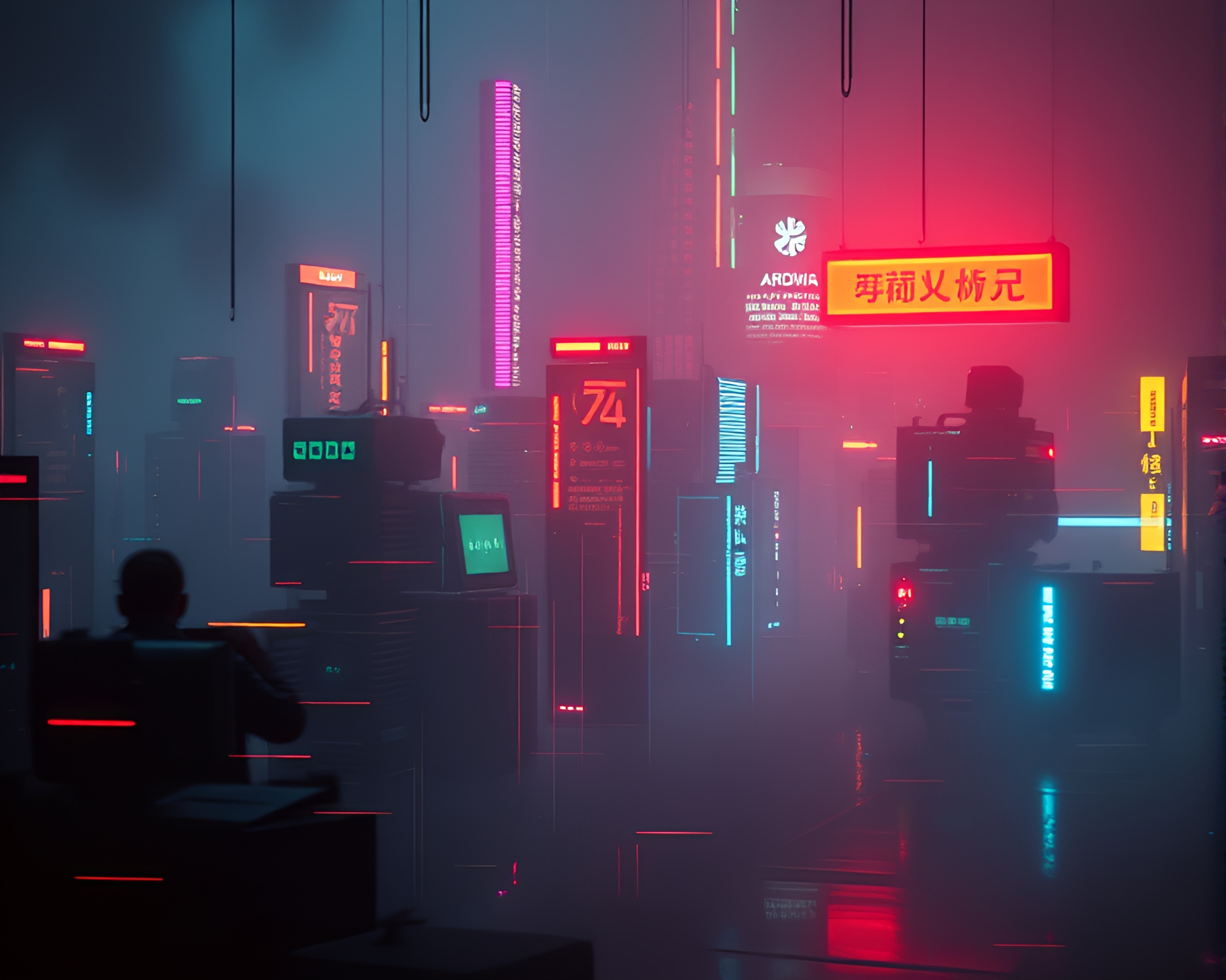 Dystopian Glitch Android in Studio Neon Lights – free AI stock image