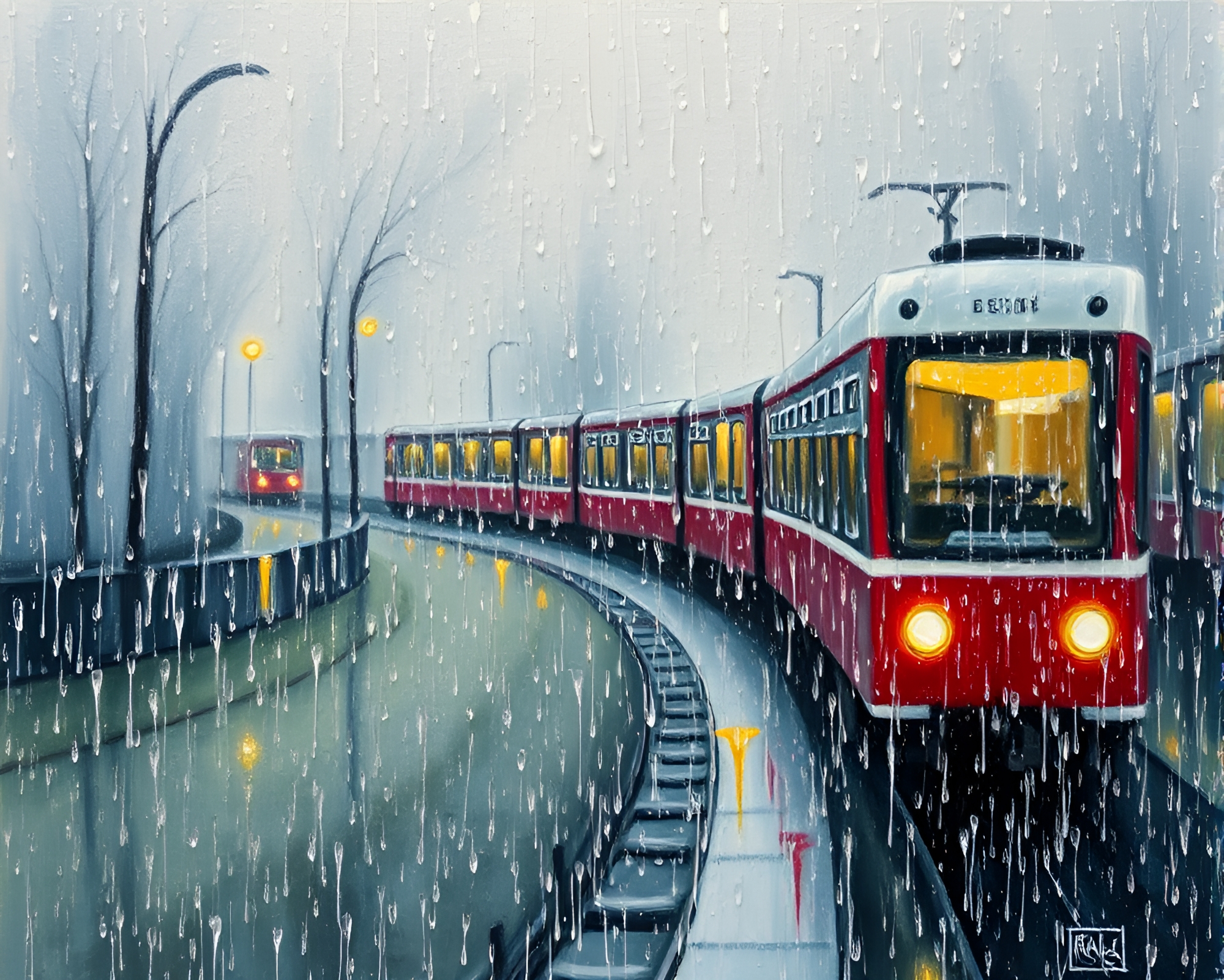 Rain-Drenched Ivory White Train in Impasto Style – free AI stock image