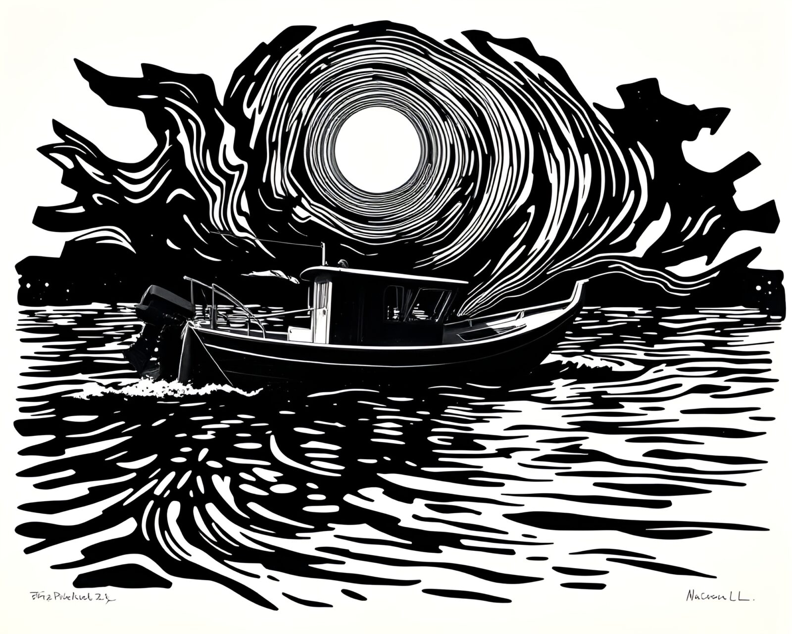 Muted shadows surround a twisting hydrofoil boat artwork