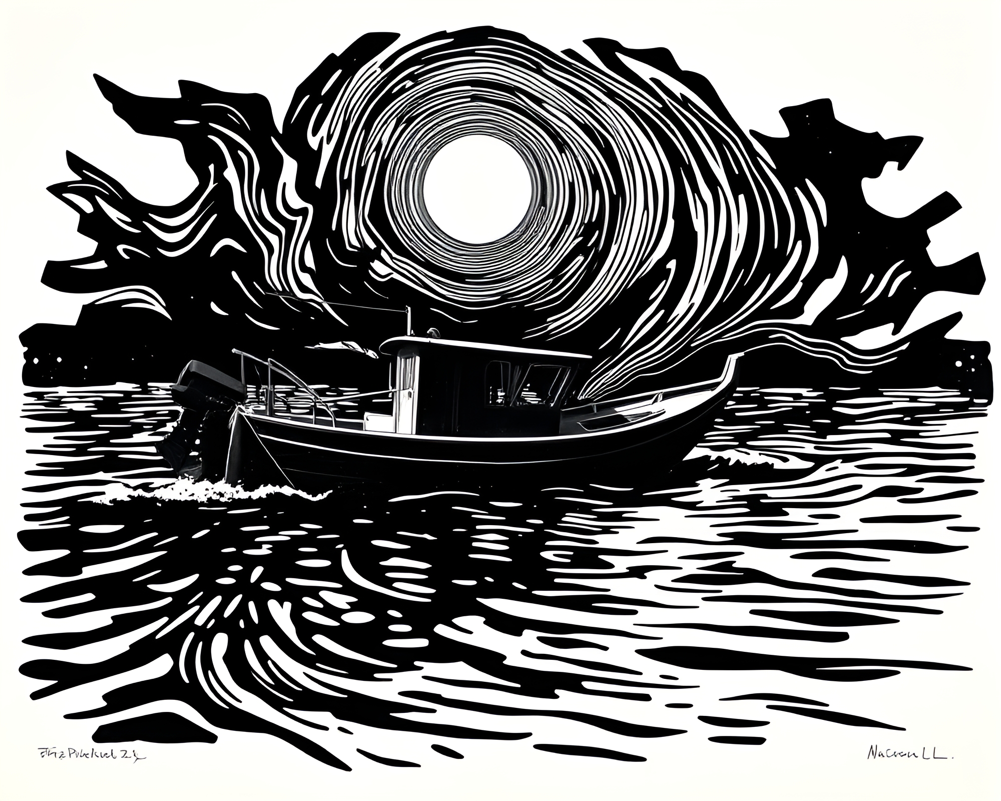 Swirling lens distortion on hydrofoil boat linocut print – free AI stock image