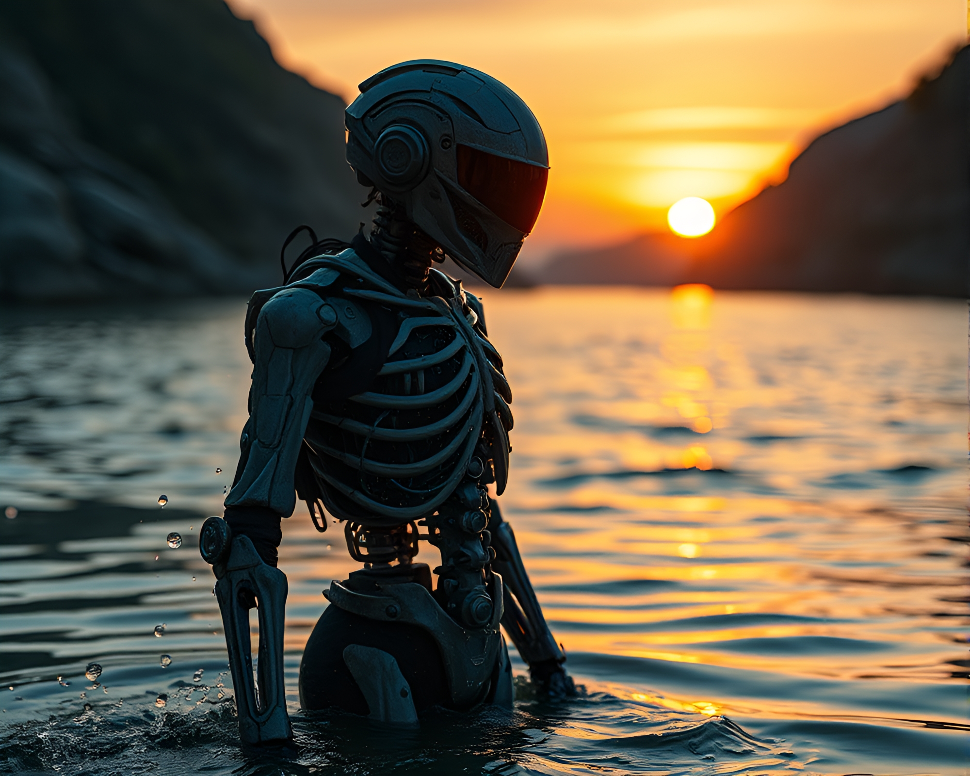Exoskeleton Suit Underwater in Golden Hour Dusk – free AI stock image