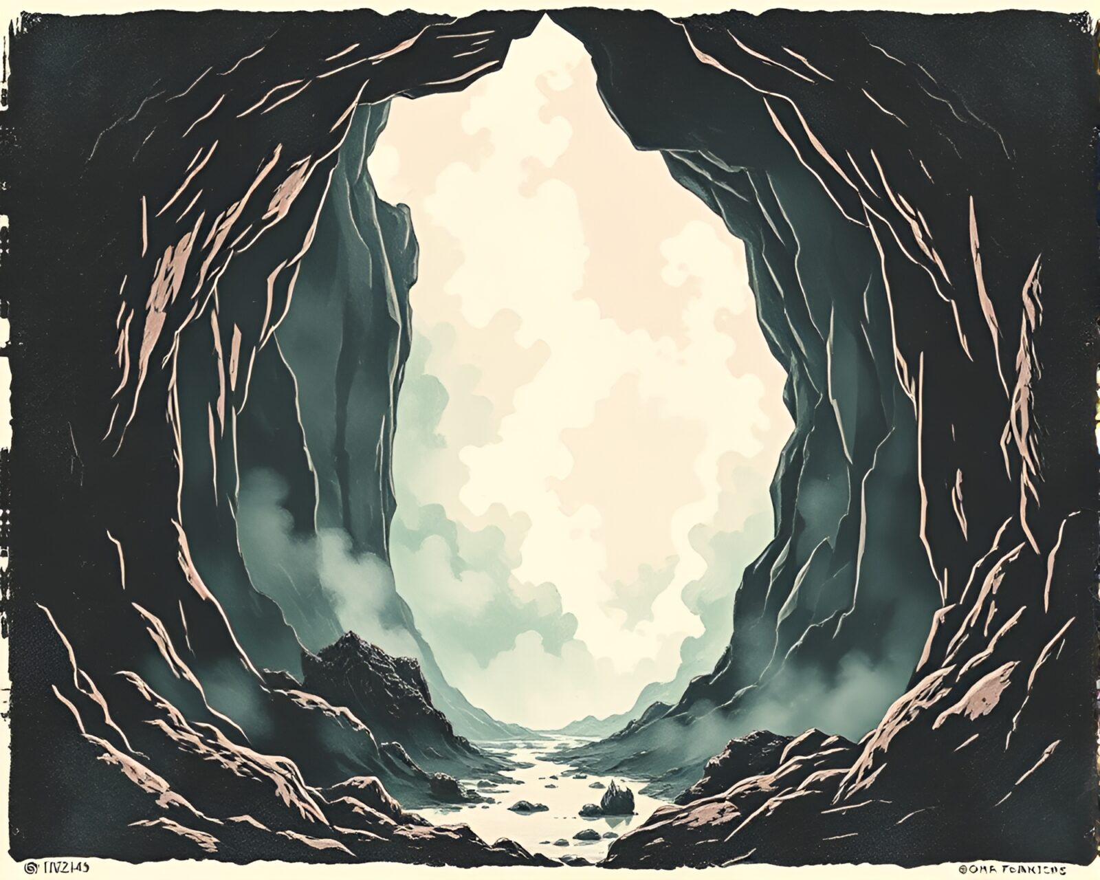 Mysterious cavern filled with swirling steam amidst woodcut aesthetic