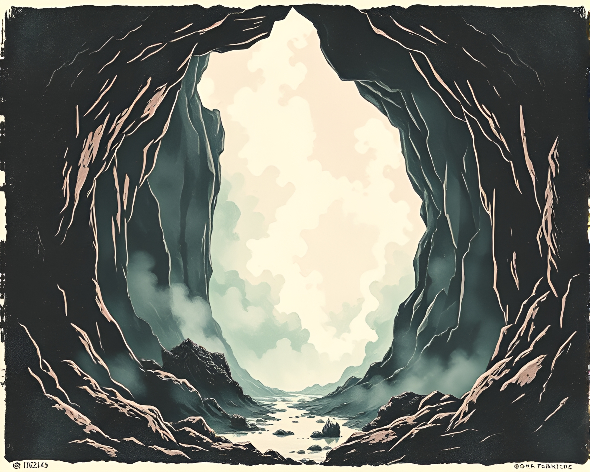 Cavernous Steam Vapor Enveloped Woodcut Print Landscape – free AI stock image