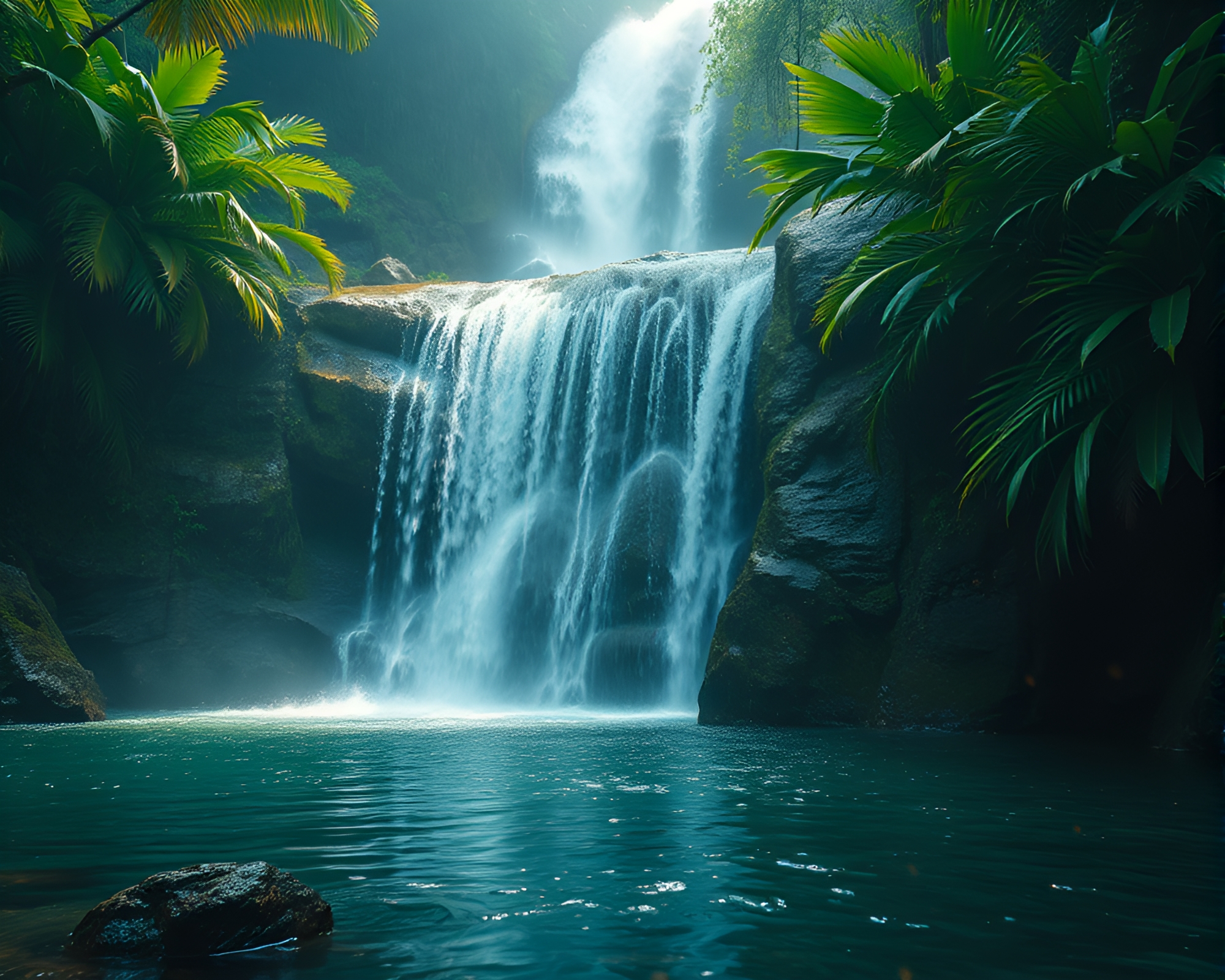 Tropical Waterfall through Lens Distortion in Firefly Glow – free AI stock image