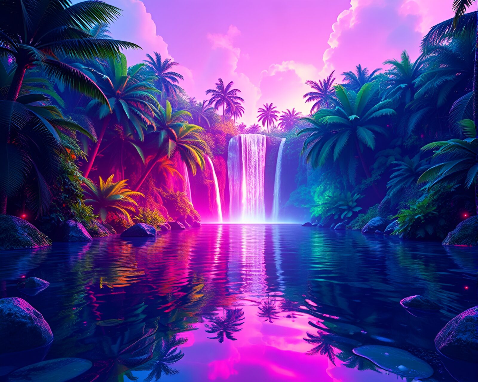Glowing low-poly tropical waterfall mirrored in neon shards