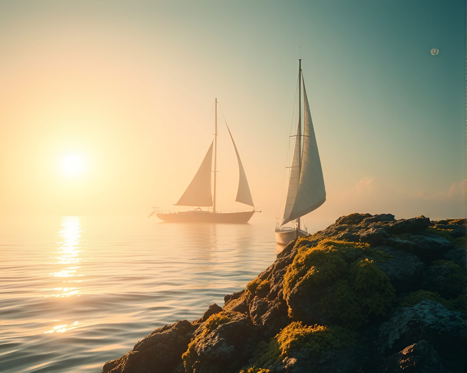 Mysterious sailboat with lichen sails in ethereal lens flare