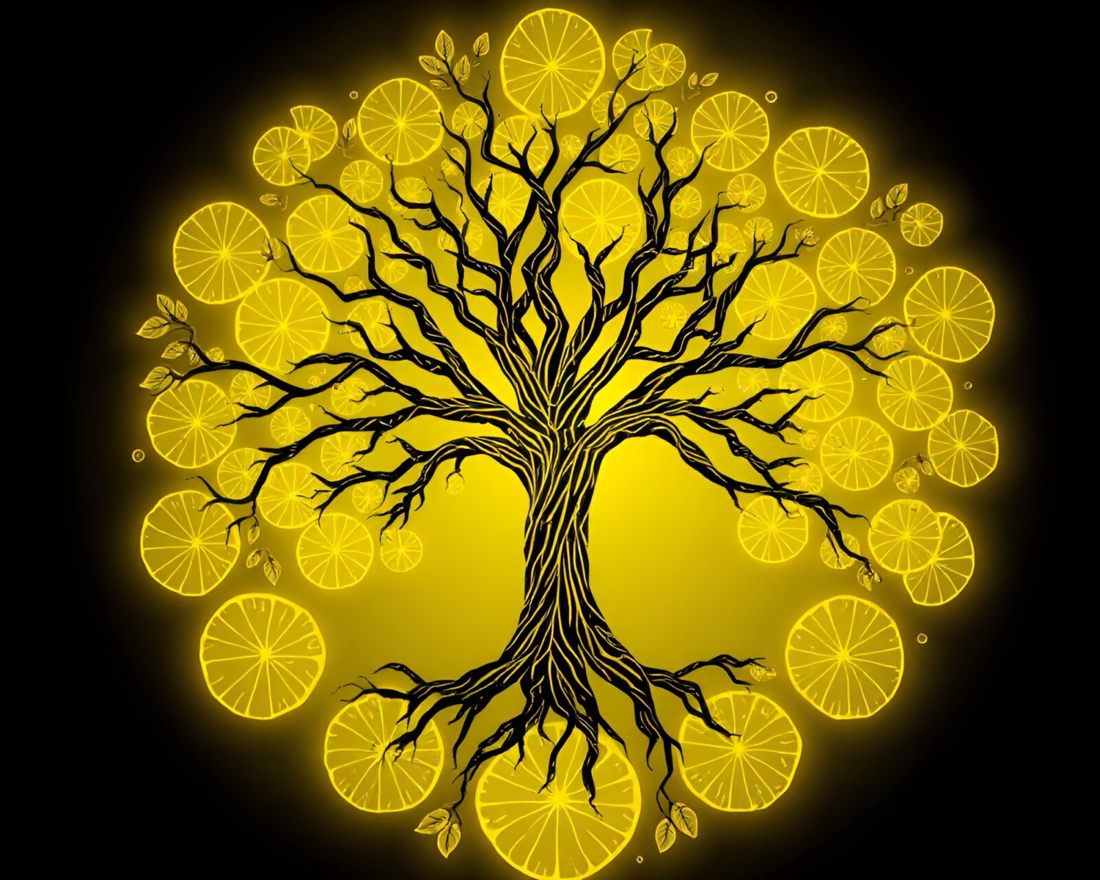 Vibrant lemon yellow phoenix emerging from intricate tree rings